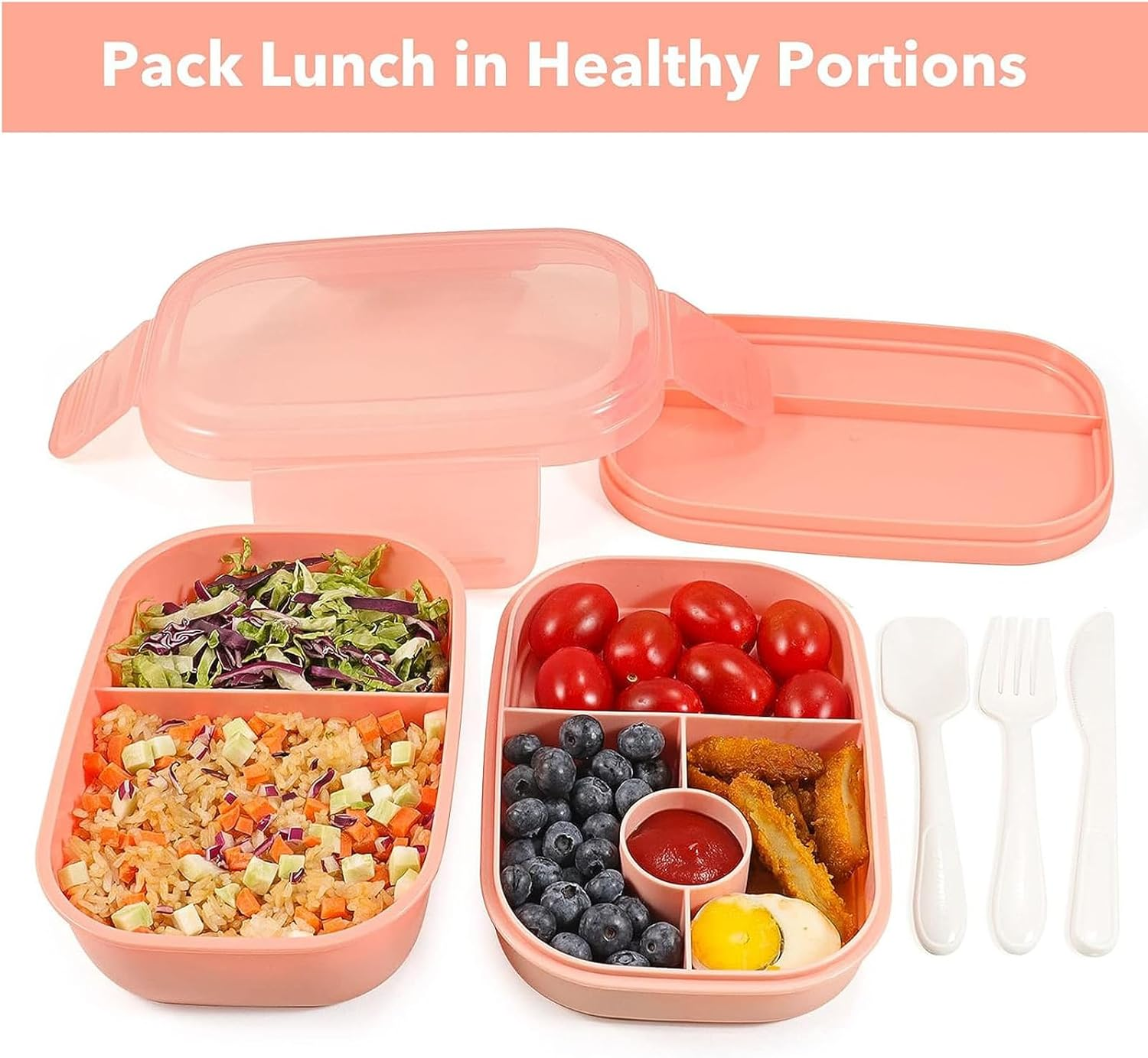 Uandhome Bento Box Adult Lunch Box ，72Oz Stackable Bento Lunch Box for Adults, 3 Layers Bento Lunch Containers Leak-Proof Lunchbox with Utensil Sauce Dressing Containers for Dining Out,Work (Pink) image number 2
