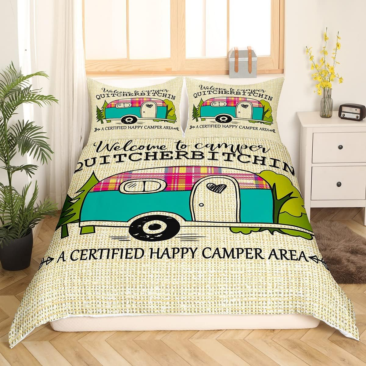 Camper Bedding Set 155 X 220 Cm for Children - Rustic Cabin Camping Duvet Cover, Colourful Striped in Country House Style - Vintage Wooden Board Happy Camping Decoration