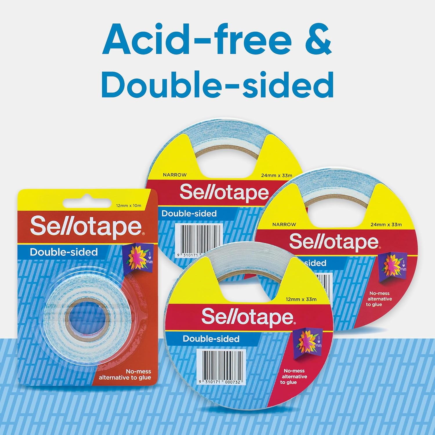 Sellotape Double-Sided Tape, 12Mm X 10M, Blister Card, Surface-Safe, Strong Adhesion, Removable Backing, Acid-Free, Ideal for Mounting, Crafts, and Photos