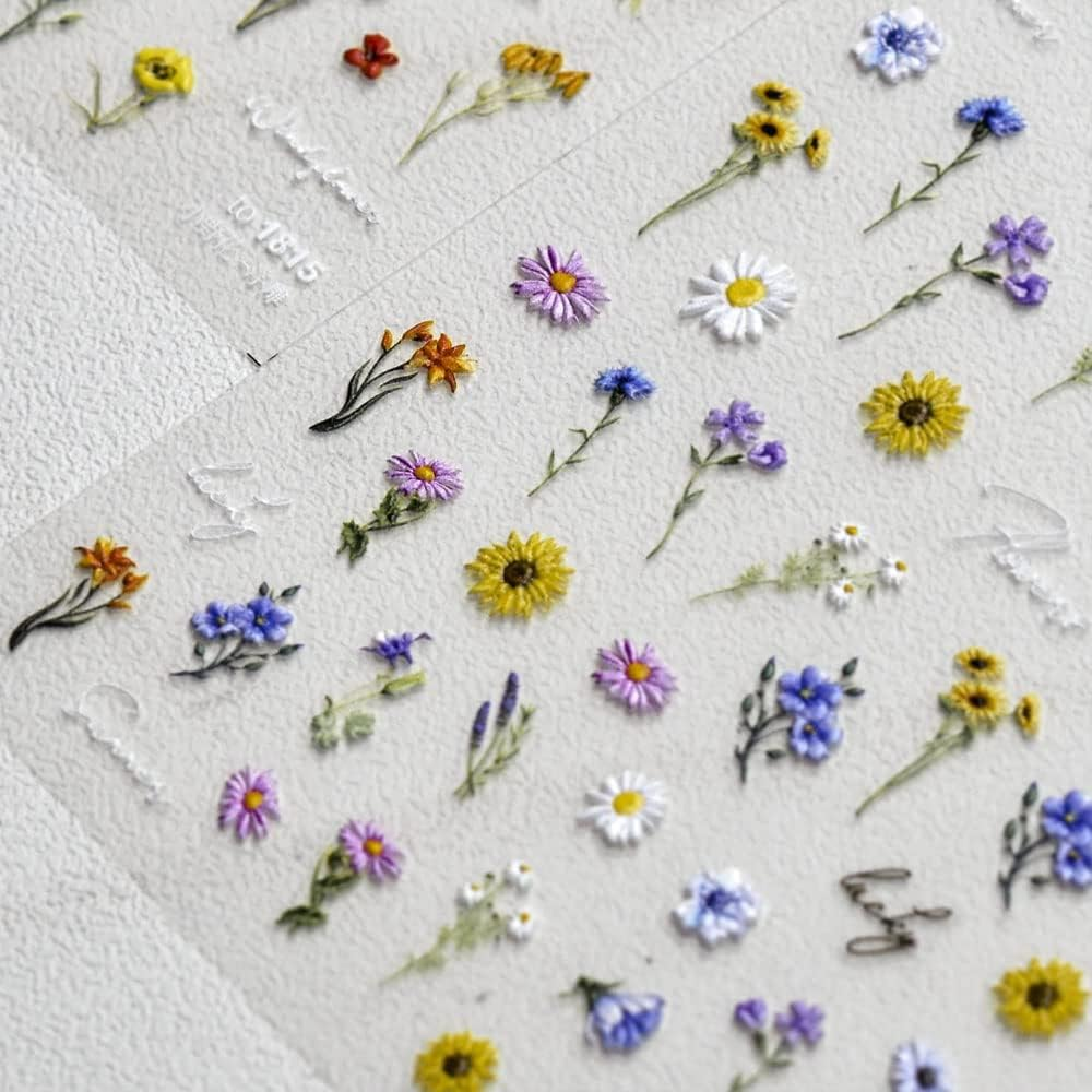 3Sheets 5D Nail Art Sticker Embossed French Pearls Flowers Sunflower Daisy Spring Self-Adhesive Nail Art Decal Supplies Stick Tip for Salon DIY Acrylic Nails Design (Flower) image number 5