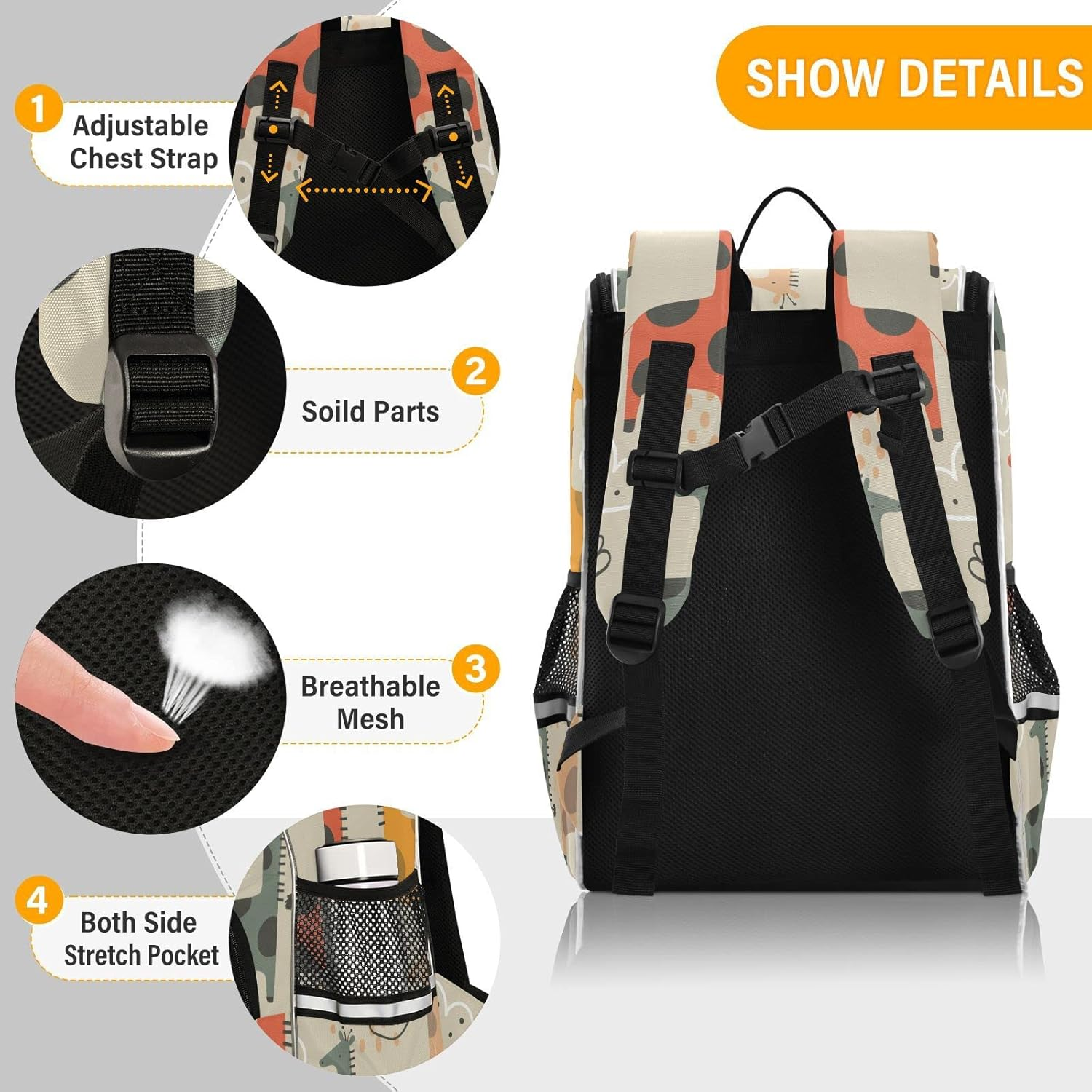 AIXIWAWA Colored Cute Giraffe Kids Backpack for School Travel Hiking, Large Capacity Causal Daypack School Bag with Reflective Strips for Boys Girls 12.2 X 7.87 X 16.14 Inches, Colored, 12.2 X 7.87 X image number 2