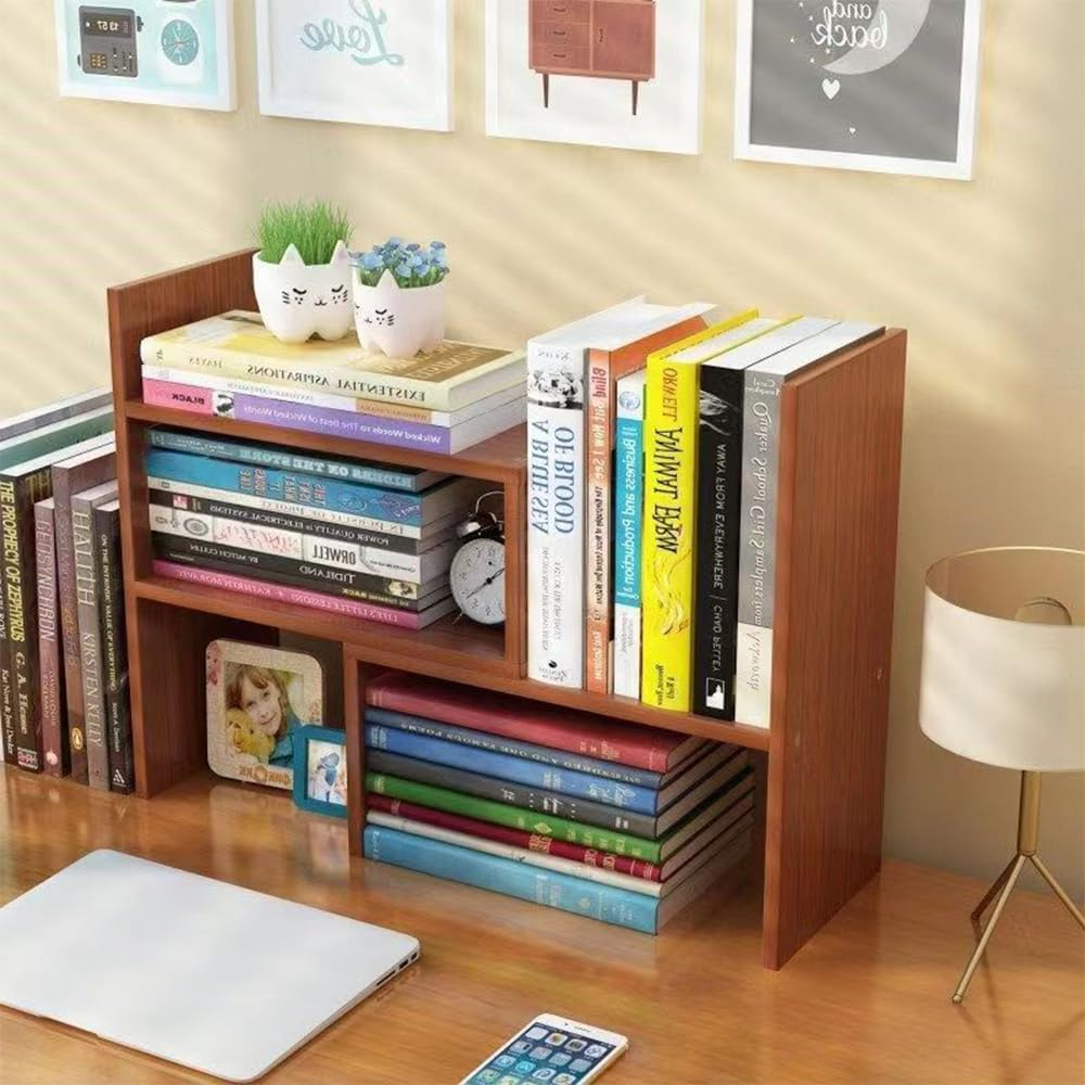 Hbluefat Desktop Bookshelf,Small Desk Shelf Organizer Mini Shelves Adjustable Desk Bookcase Display Organizer for Home Office, Bedroom, Living Room (Dark Walnut)