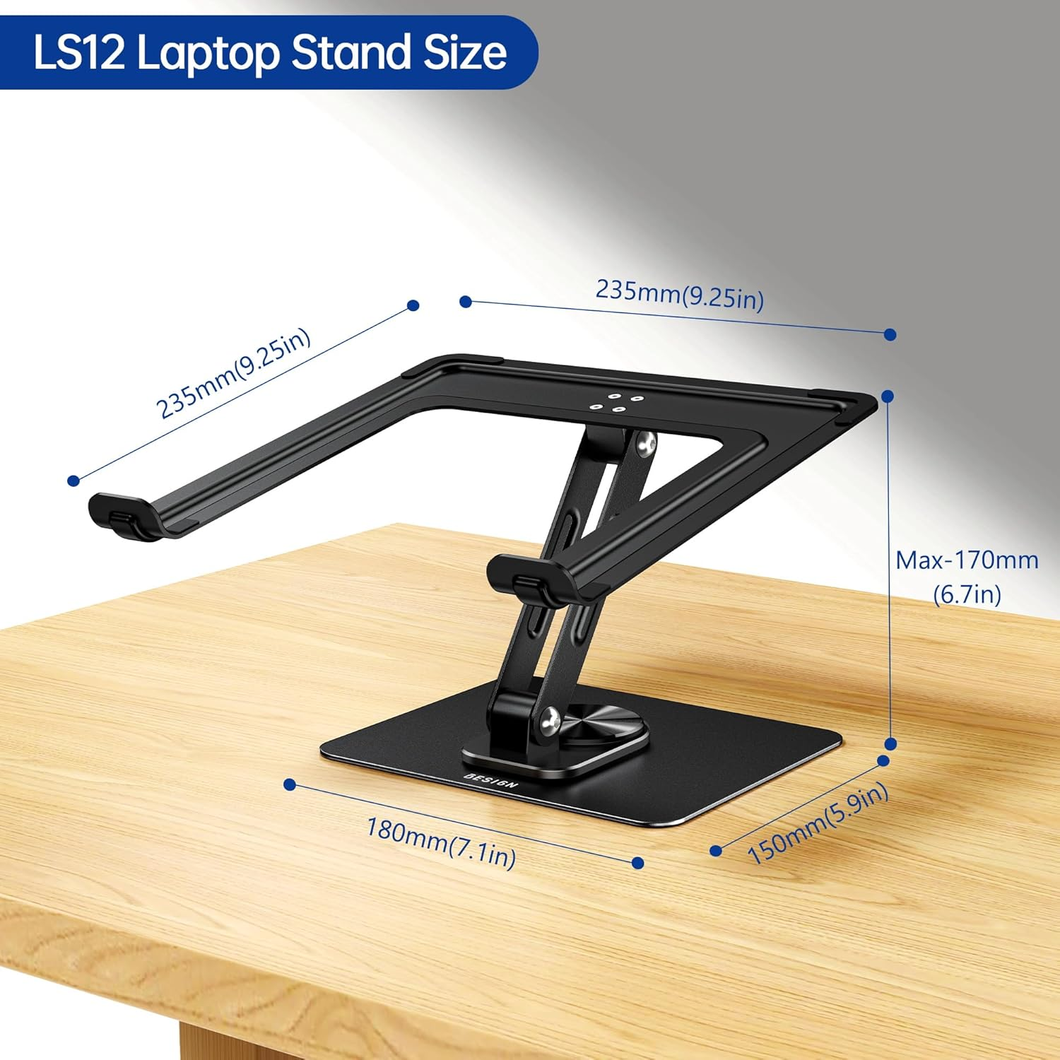 BESIGN LS12 Laptop Stand with 360&deg; Rotating Base, Ergonomic Adjustable Notebook Holder, Riser Holder Computer Stand Compatible with Air, Pro, Dell, HP, Lenovo More 10-14" Laptops (Black)