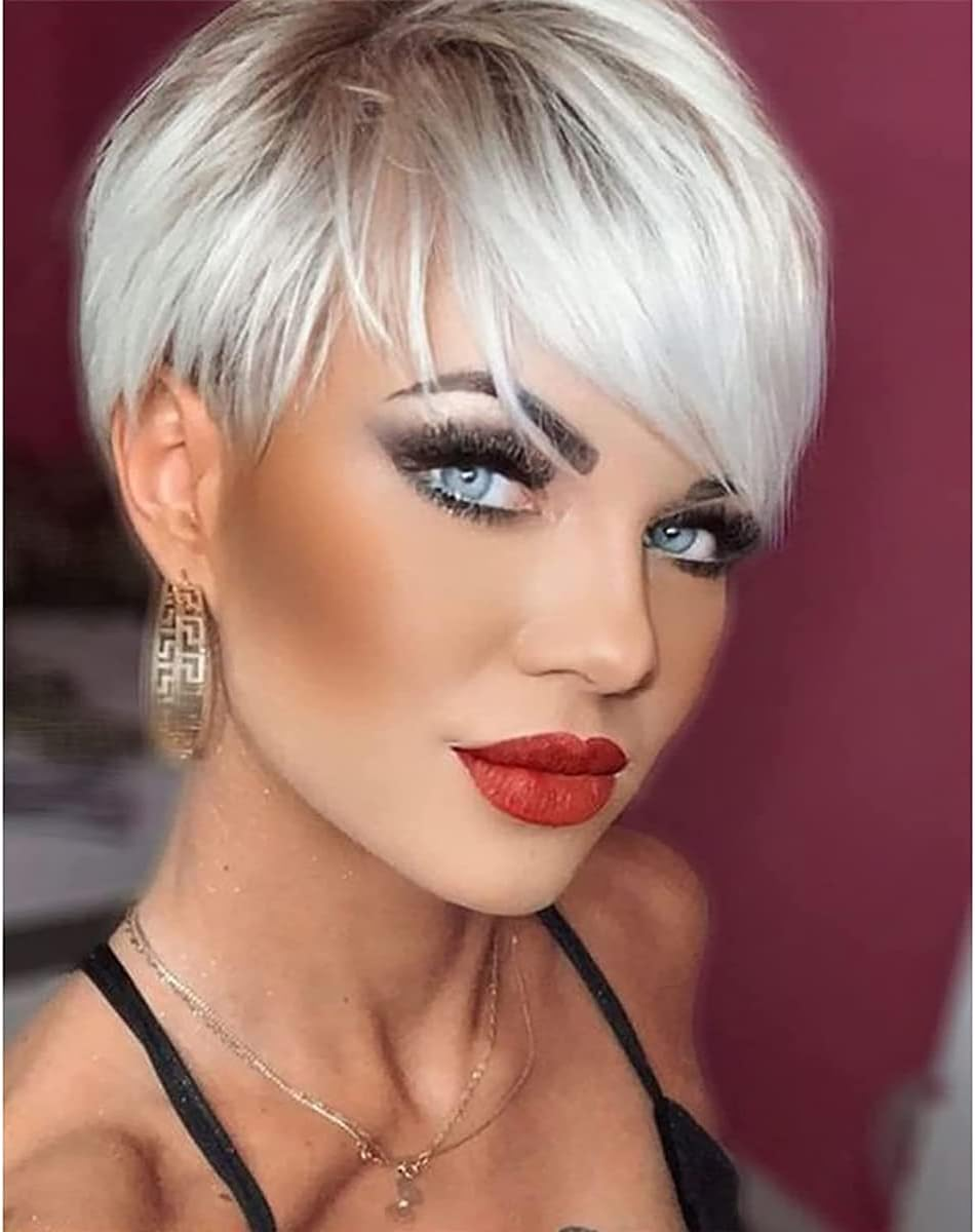 Creamily Short Blonde Wig for Women Ombre Blonde Short Wig Natural Layered Straight Synthetic Hair Wig with Bangs Short Wigs for Women Platinum Blonde Wig for Women