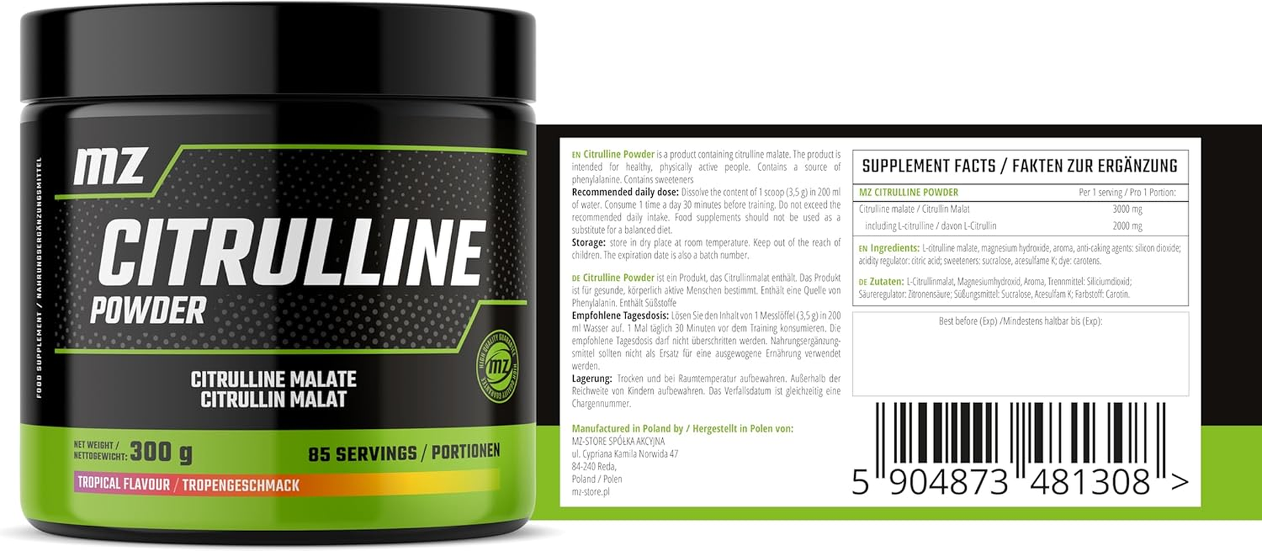 Citrulline Powder 300G - L-Citrulline 2000 Mg with Magnesium - 85 Servings per Pack - Amino Acid Supplement - Tropical Fruit Flavour - by MZ