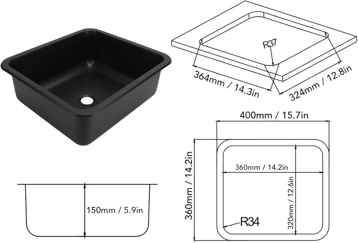 RV Sink, Stainless Steel Large Capacity Rectangular Kitchen Wash Sink for RV Motorhome Boat, Camper Yacht, Embedded Installation Single Bowl Kitchen Sinks (Spraying Plastics Black) image number 3