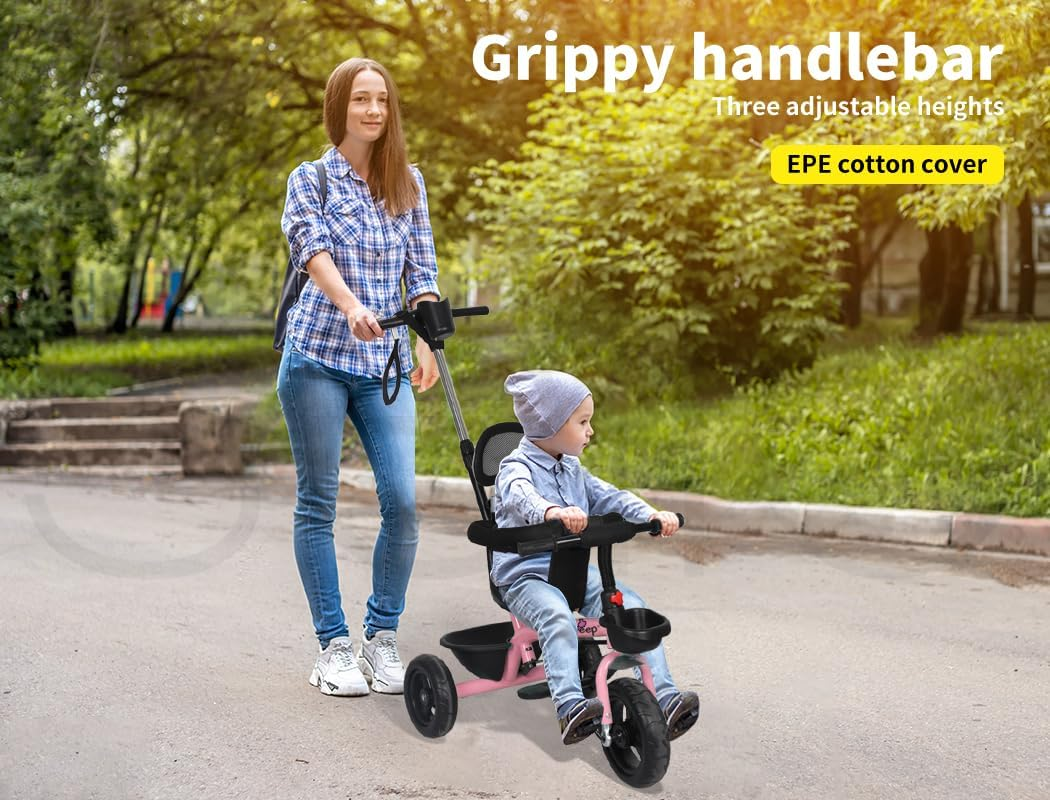 Bopeep Kids Tricycle Ride on Toy Trike Toddler Balance Bike Car Prams Stroller Walker Children Adjustable Handlebar (Pink) image number 6