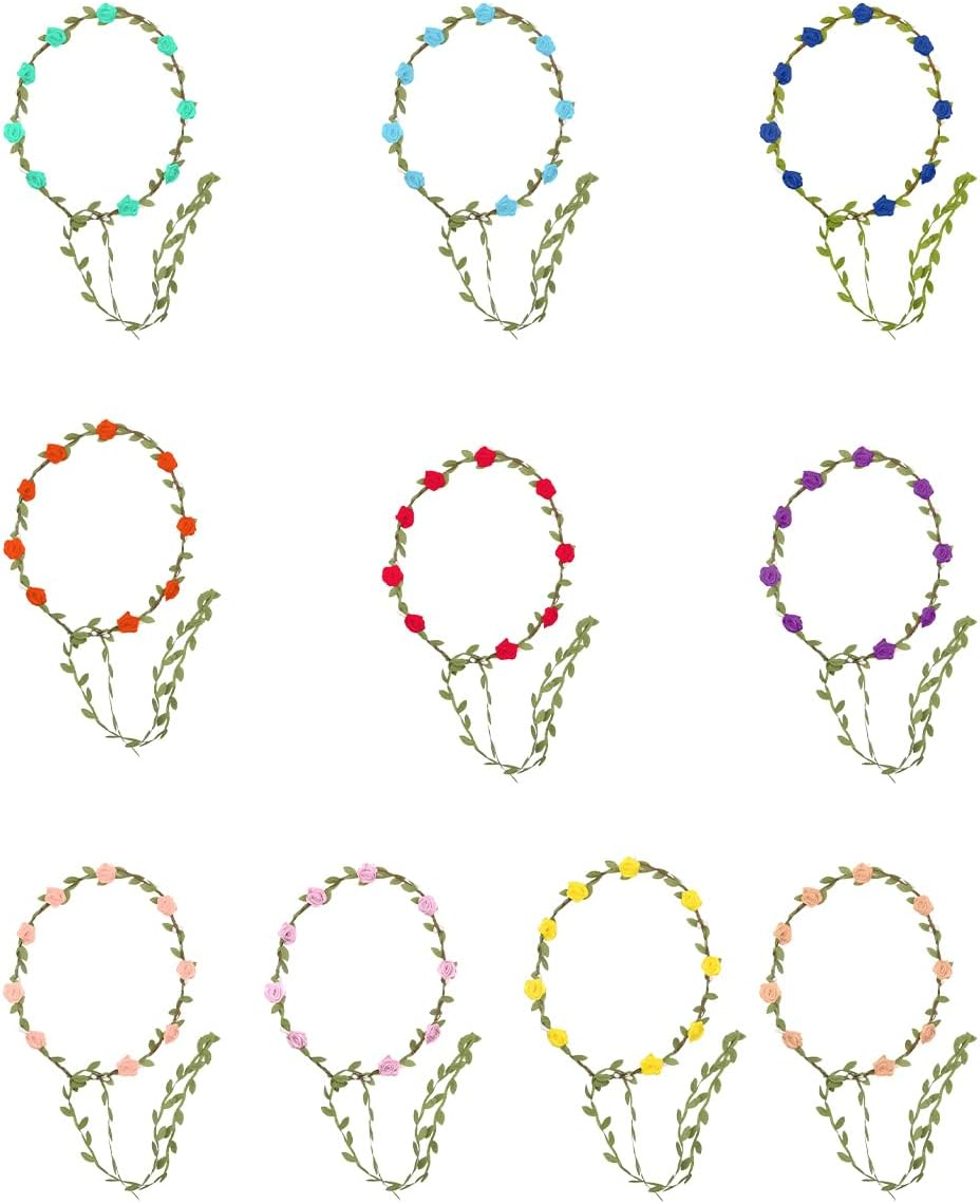 VOANZO 10 Pcs Flower Crown Headbands Multicolor Floral Wreath Floral Garland Headbands for Women Girls Wedding Festival Party Hair Headbands Accessories