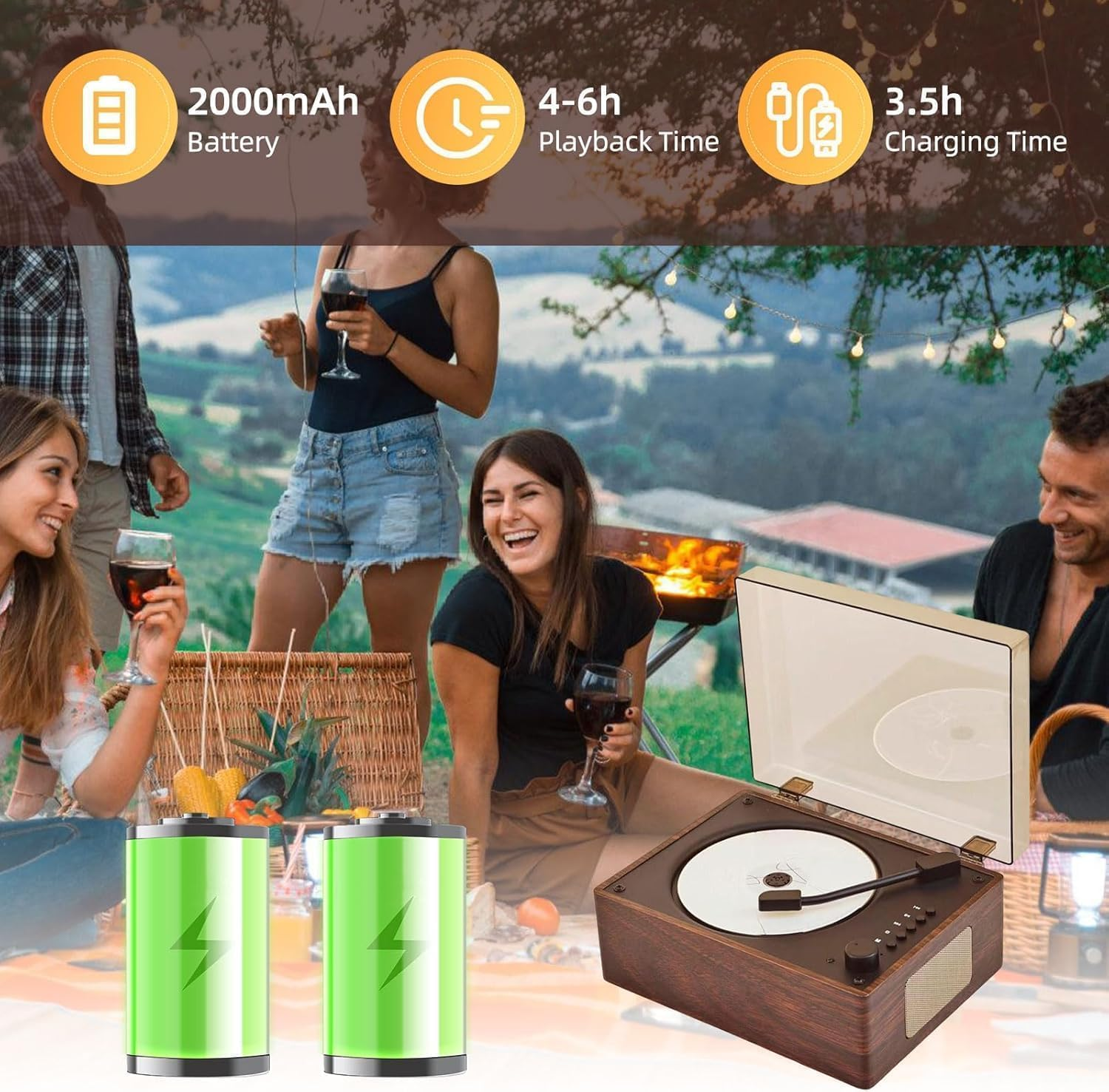 Retro Portable CD Player with Dual Hifi Speakers, Bluetooth 2000Mah Rechargeable Wood CD Music Players for Home image number 2