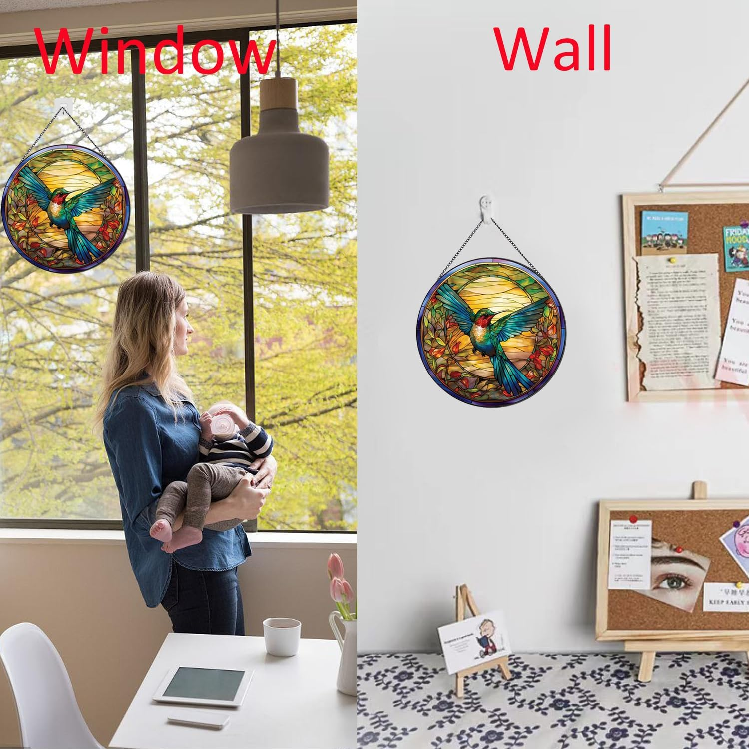 Hummingbirds Pattern Stained Glass Suncatchers for Windows,Hanging Stained Glass Suncatcher,20Cm/7.87Inch Hand-Painted Sun Catcher Garden Hangings Painted Glass Panel Decor Themed Gift image number 2