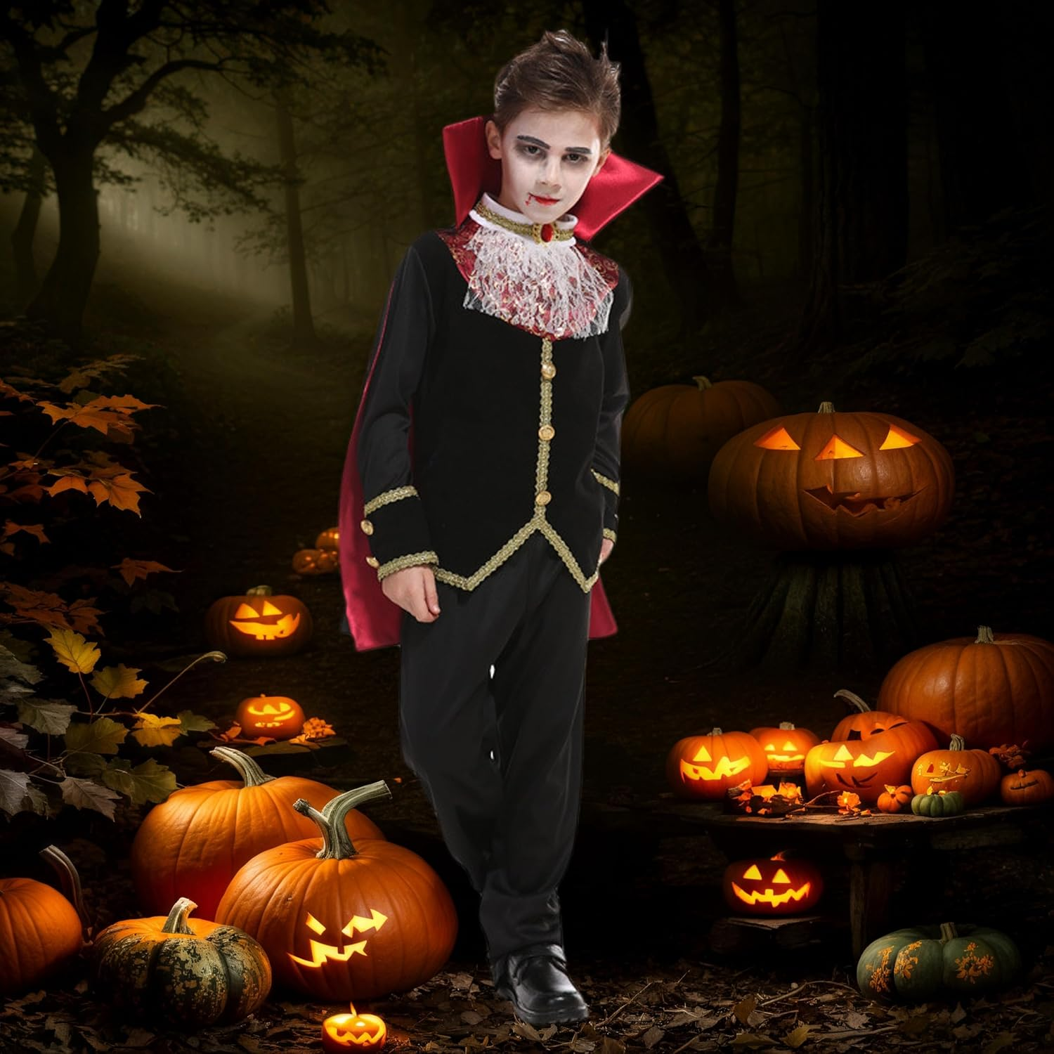 Boys Vampire Costume Scary Kids Halloween Vampire Gothic Cape Royal Outfit Spooky Boy Dress up Costume image number 3