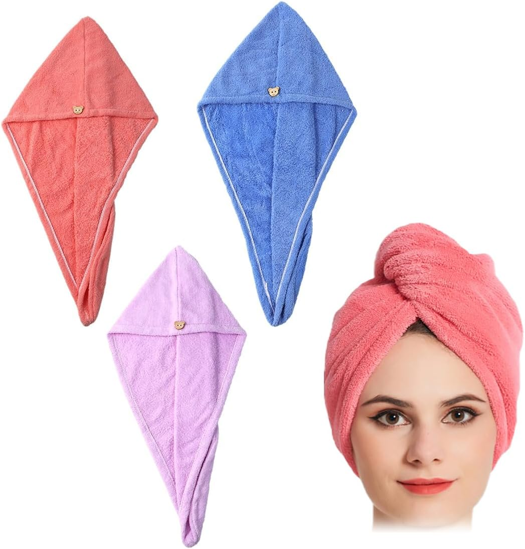 3 Pack Microfiber Hair Drying Towel Hair Drying Towel with Buttons, Super Absorbent, Quick Drying, Fluffy