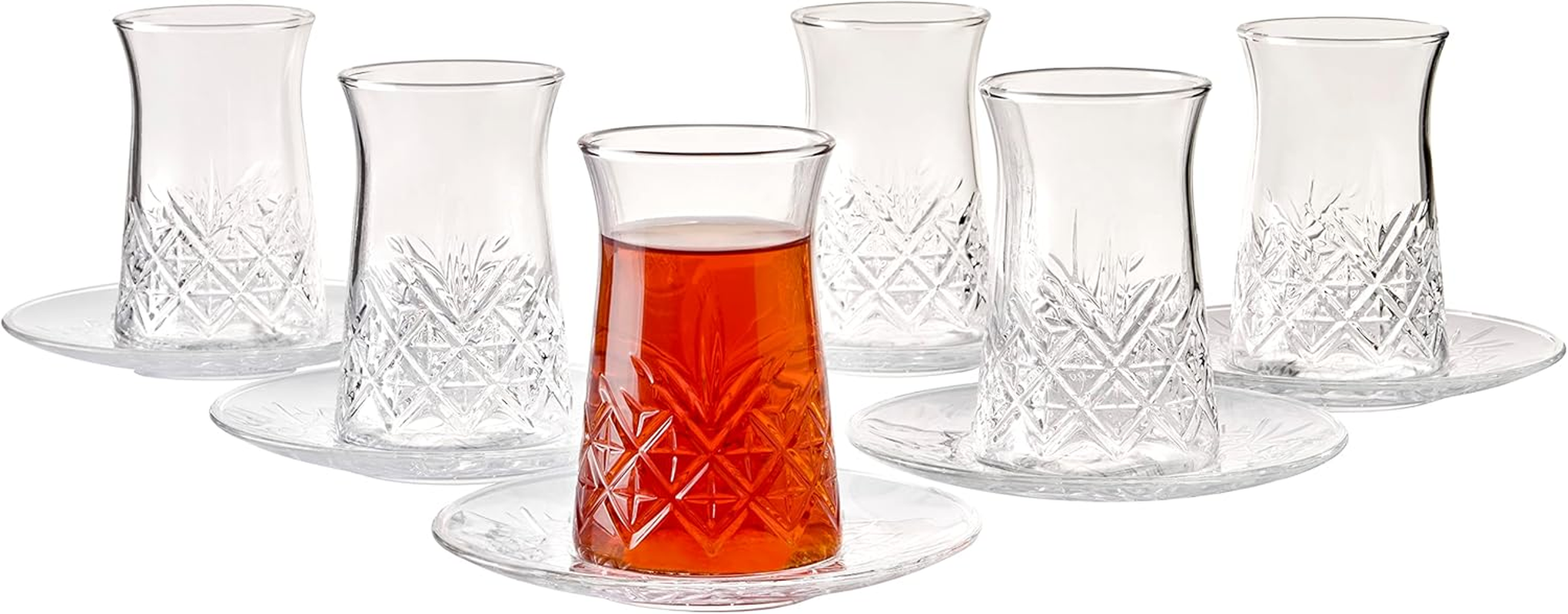 Pasabahce Turkish Tea Glasses & Saucers Set - Design (12 Pc) - Set of 6, 120 Cc. - Dishwasher Safe Turkish Tea Glass Set