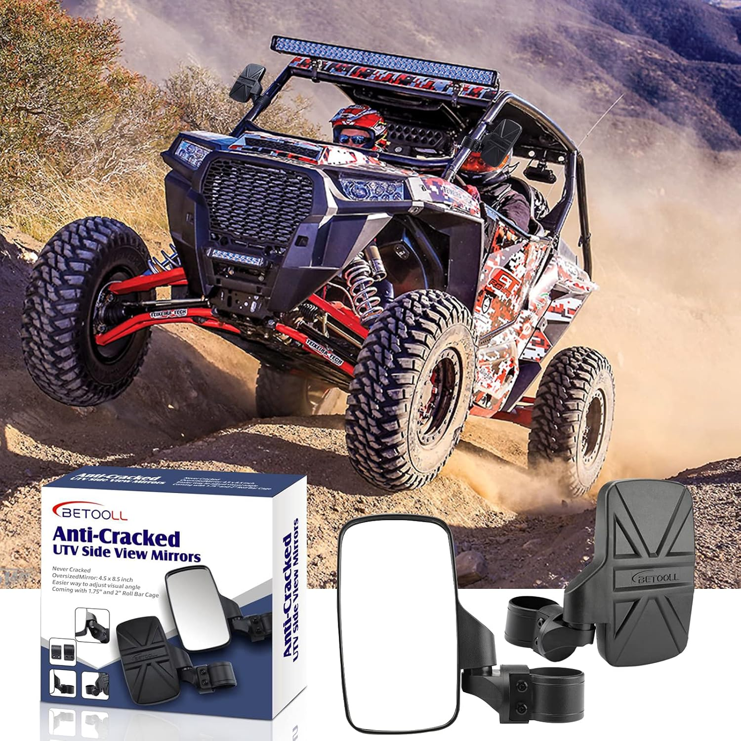BETOOLL Adjustable Pair UTV Side Mirror Set 1.75 or 2Inch Roll Bar Cage Universal UTV Side View Mirrors High Impact image number 2