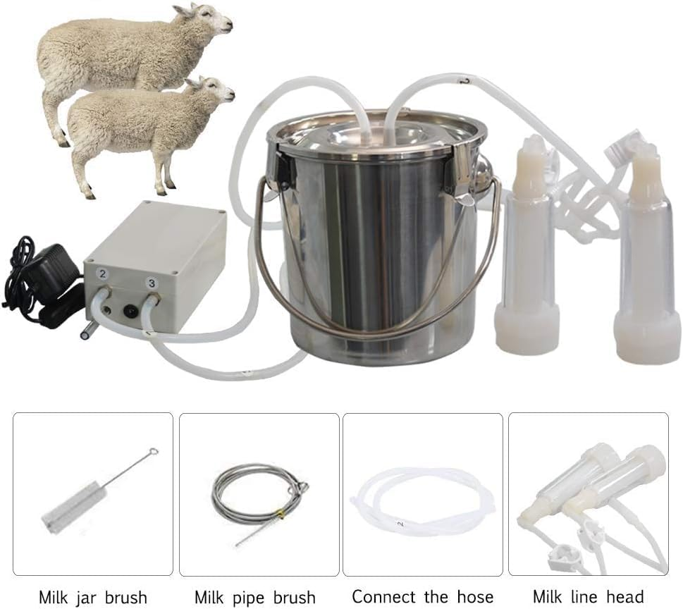 3L Goat Milking Machine,Pulsation Vacuum Electric Milker,Portable Automatic Breast Pump with 2 Teat Cups Stainless Steel Bucket for Goats(3L) image number 5