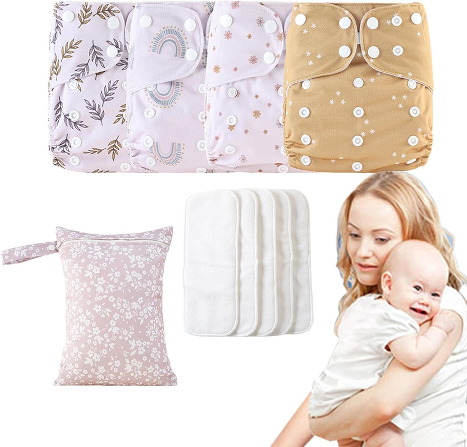 Cloth Diapers for Babies, Adjustable Reusable Baby Cloth Diapers, 4X Waterproof Cover, Absorbent & Breathable Liners with 4 Inserts & 1 Wet Bag, Prevents Staining image number 2