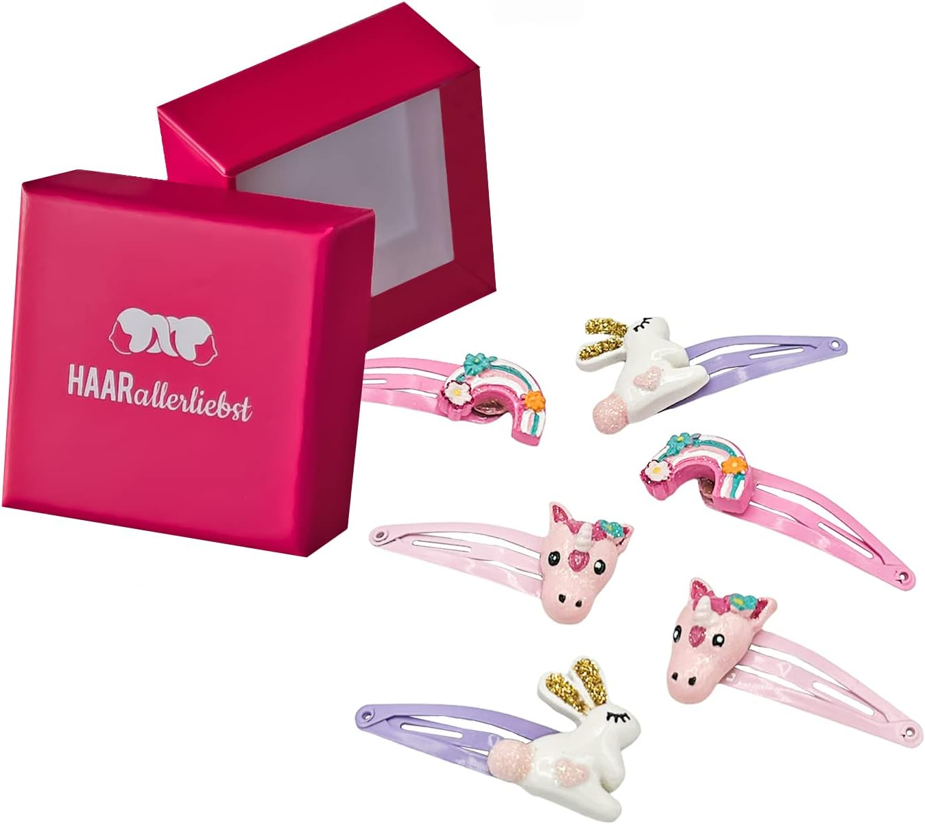 Haarallerliebst Hair Clips Set (6 Pieces | Glitter Butterflies | Colourful) for Girls with Storage Box (Rainbow - Pink)