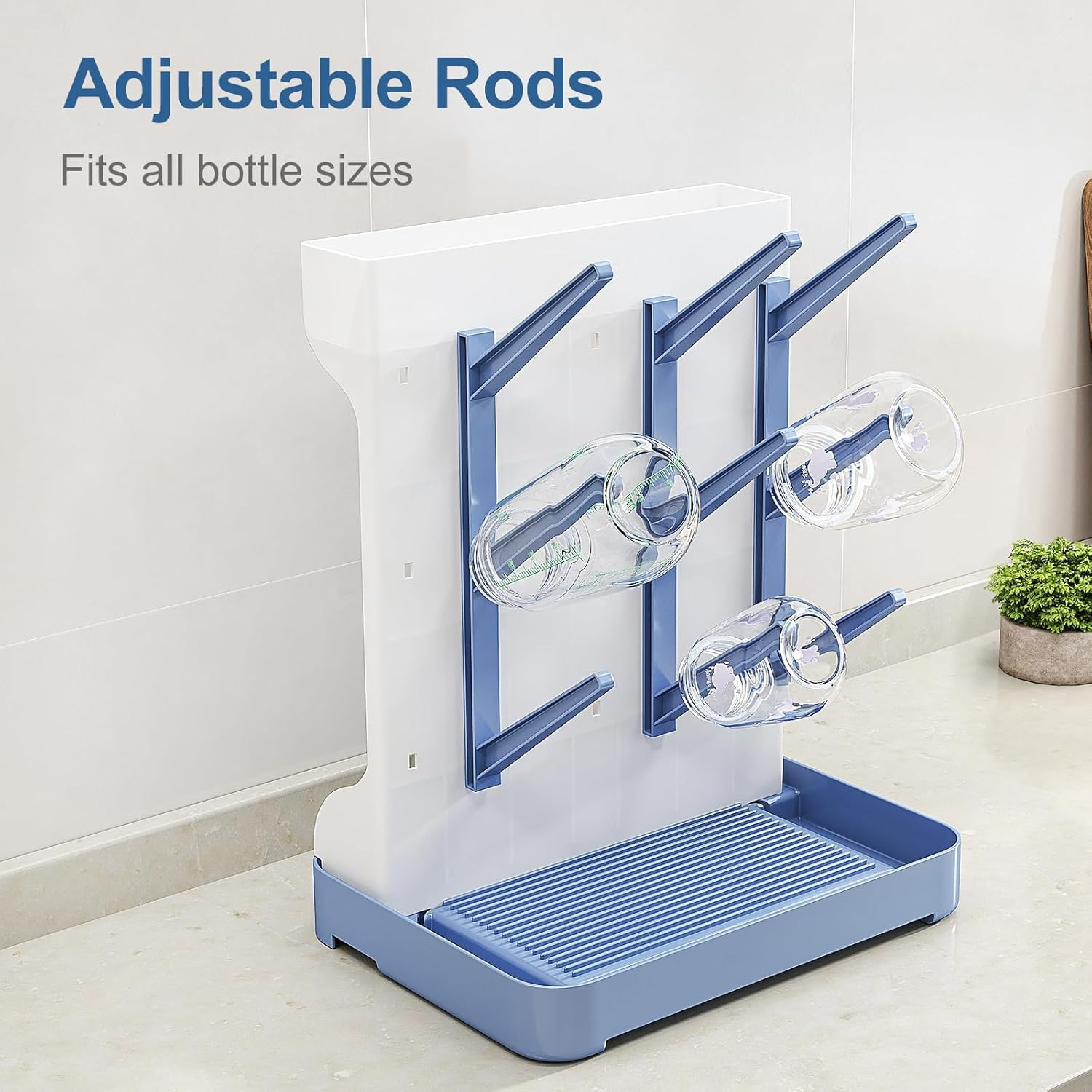 Baby Bottle Drying Rack Space Saving, Large Vertical Baby Bottle Storage Organizer & Bottle Dryer Rack for 12 Pc 8 Oz Bottles and Baby Accessories,Pump Parts,Pacifiers or Brush Stand - Blue image number 1