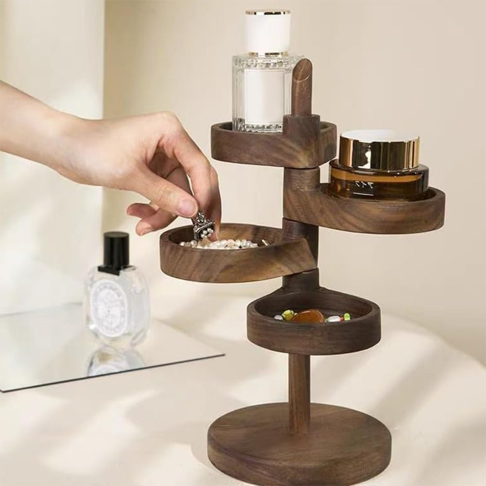 JIUSEGE Spiral Wooden Display Stand, Multi-Tier Rotating Organizer with 4 Adjustable 360&deg; Shelves, Space-Saving Jewelry Storage Rack for Home Decor, Brown image number 1