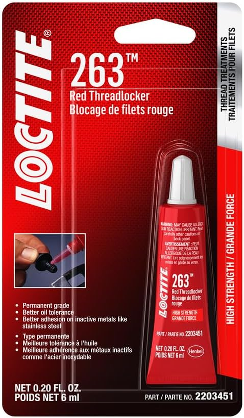 LOCTITE 263 Threadlocker for Automotive: High-Strength, Oil Tolerant, High-Temperature, Fluorescent, Anaerobic, Heavy Duty Applications | Red, 6 Ml Tube image number 1