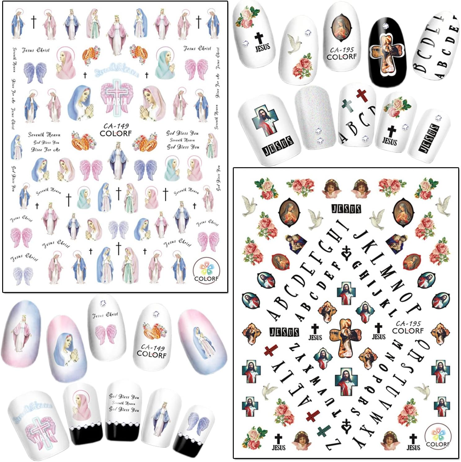God Jesus Nail Art Stickers, Angel Christ Virgin Maria Love Cupid Flowers Nail Art Decals, Holographic 3D Angel Self-Adhesive Nail Sticker Design for Women Girls Manicure Charms Decorations image number 3