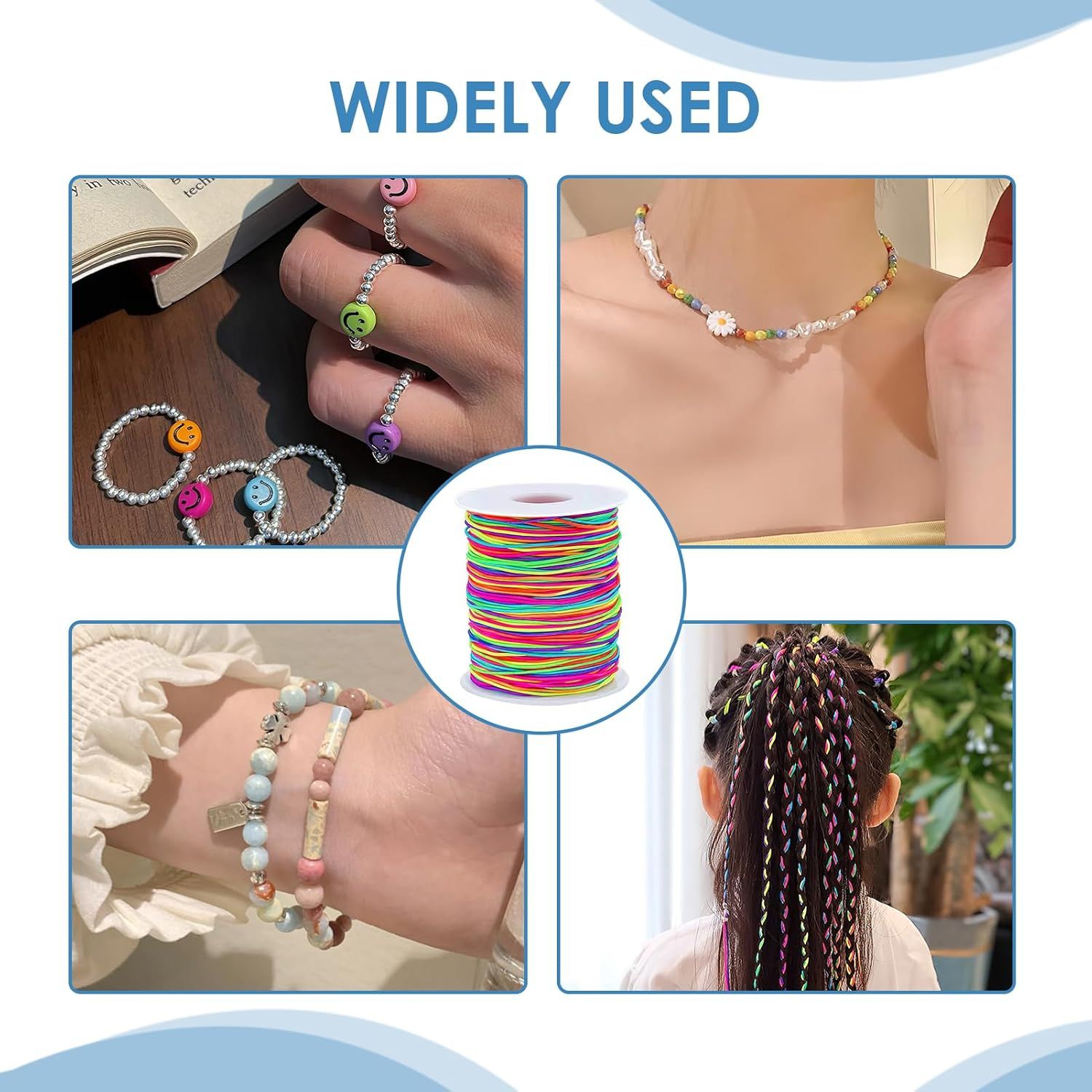 100M Rainbow Elastic Beading Cords 1Mm for Kids Crafts, Pony Bead String, Stretchy Craft Cord for Bracelets and Necklaces, Durable and Colorful Elastic Thread for Jewelry Making