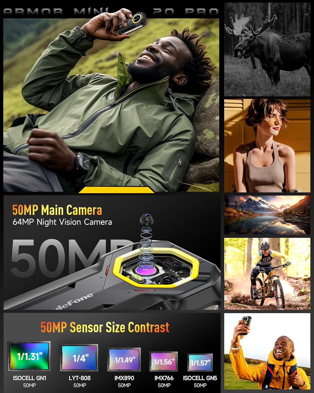 Ulefone Armor Mini 20 Pro 5G Rugged Smartphone 4.7 Inch Small Screen, 256GB+2TB Expand, Android 14, 33W 6200Mah Wireless Charging, 64MP Night Vision, Flashlight Warning Light IP68 Waterproof UK Phone image number 4