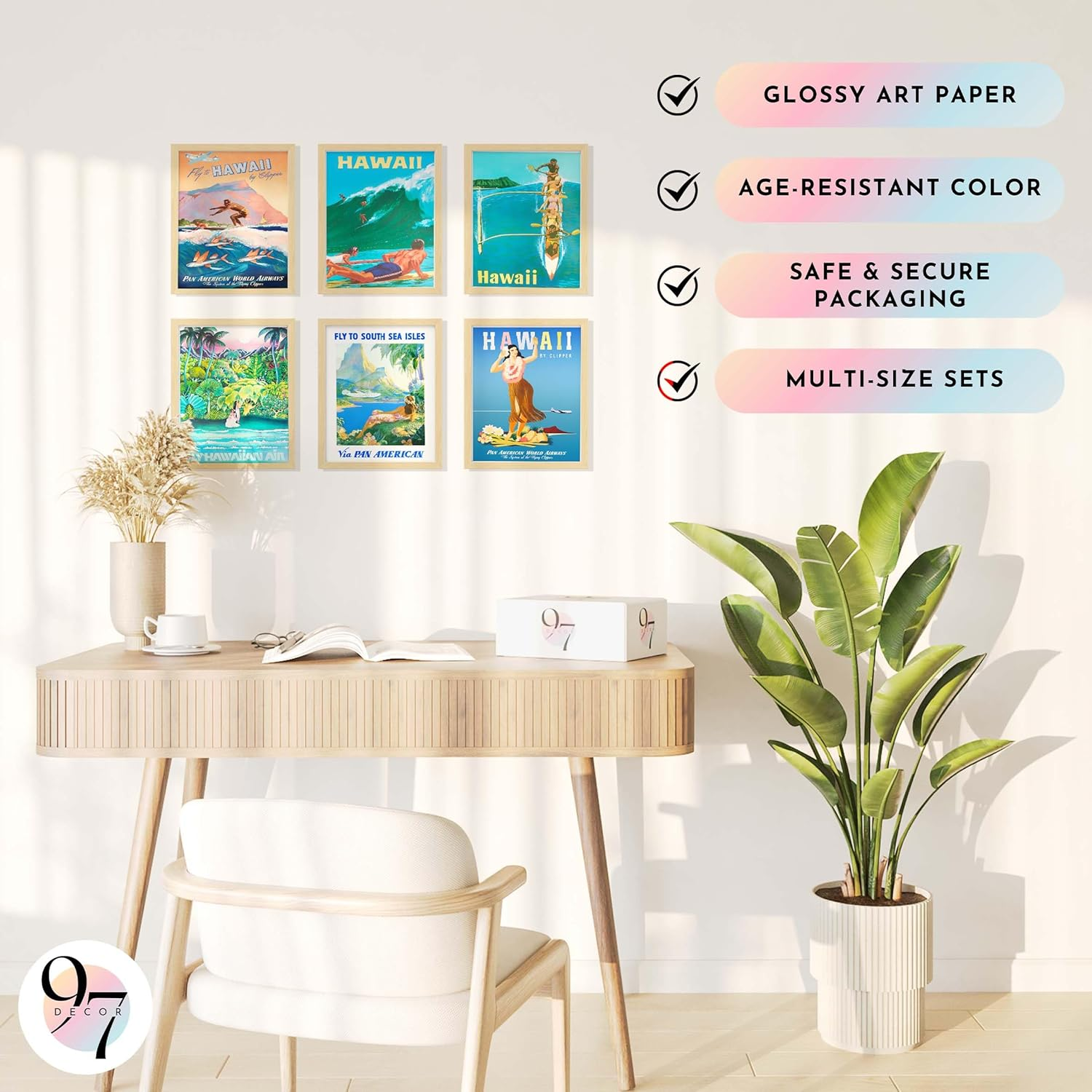 97 DECOR Hawaii Room Decor - Vintage Hawaiian Art Wall Decor, Surf Poster, Surfing Pictures Wall Art, Retro Hawaii Posters, Summer Tropical Beach Hawaiian Island Print for Home Bedroom (8X10 | 20X25 Cm UNFRAMED) image number 2