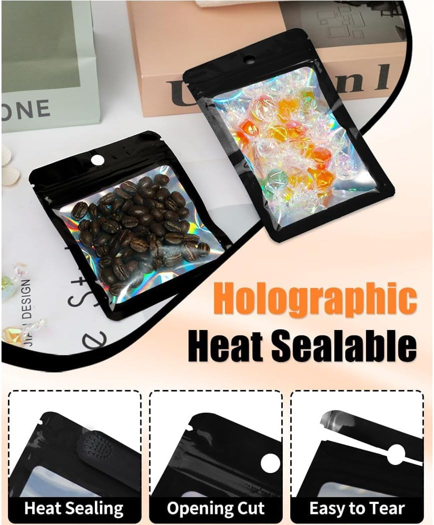 Idopick 100 Pcs 2.76X3.94'' (7X10 Cm) Clear Window Smell Proof Mylar Bags Resealable Zip Lock Holographic Packaging Pouch Candy Bags for Food Storage Sample Beans Cookies Jewelry Supplies(2.8X4 Inch) image number 3