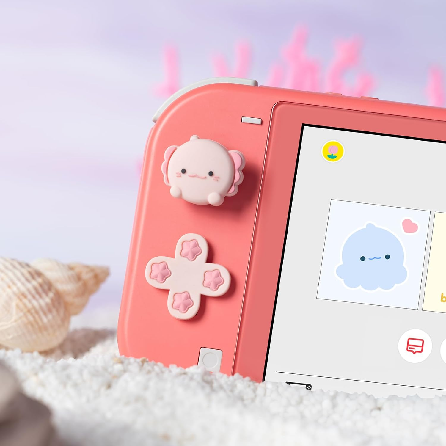 BUBBLELOGUS Soft Silicone ABXY Key Buttons Sticker Joystick Cover, Cute Cross D-Pad Button Caps Thumb Grips Set for Nintendo Lite Controller - Ocean Friends image number 6