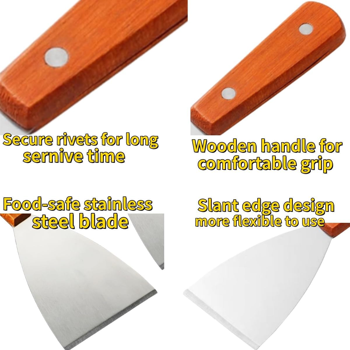 2 Piece Stainless Steel Grill Scraper Tool, with Wooden Handle, Versatile Grill Scraper Tool for Cooking of Pancakes, Pizzas, Beveled Edges