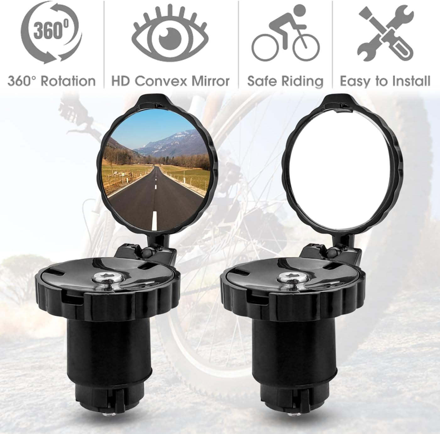 Bestgle 2 Pack Bike Mirrors for Handlebar Ends, Foldable Bicycle Handle Bar Mount Rearview Mirror Adjustable Wide Angle Road Bike Bar End Folding Rear View Convex Mirror Set for Safety Cycling image number 3