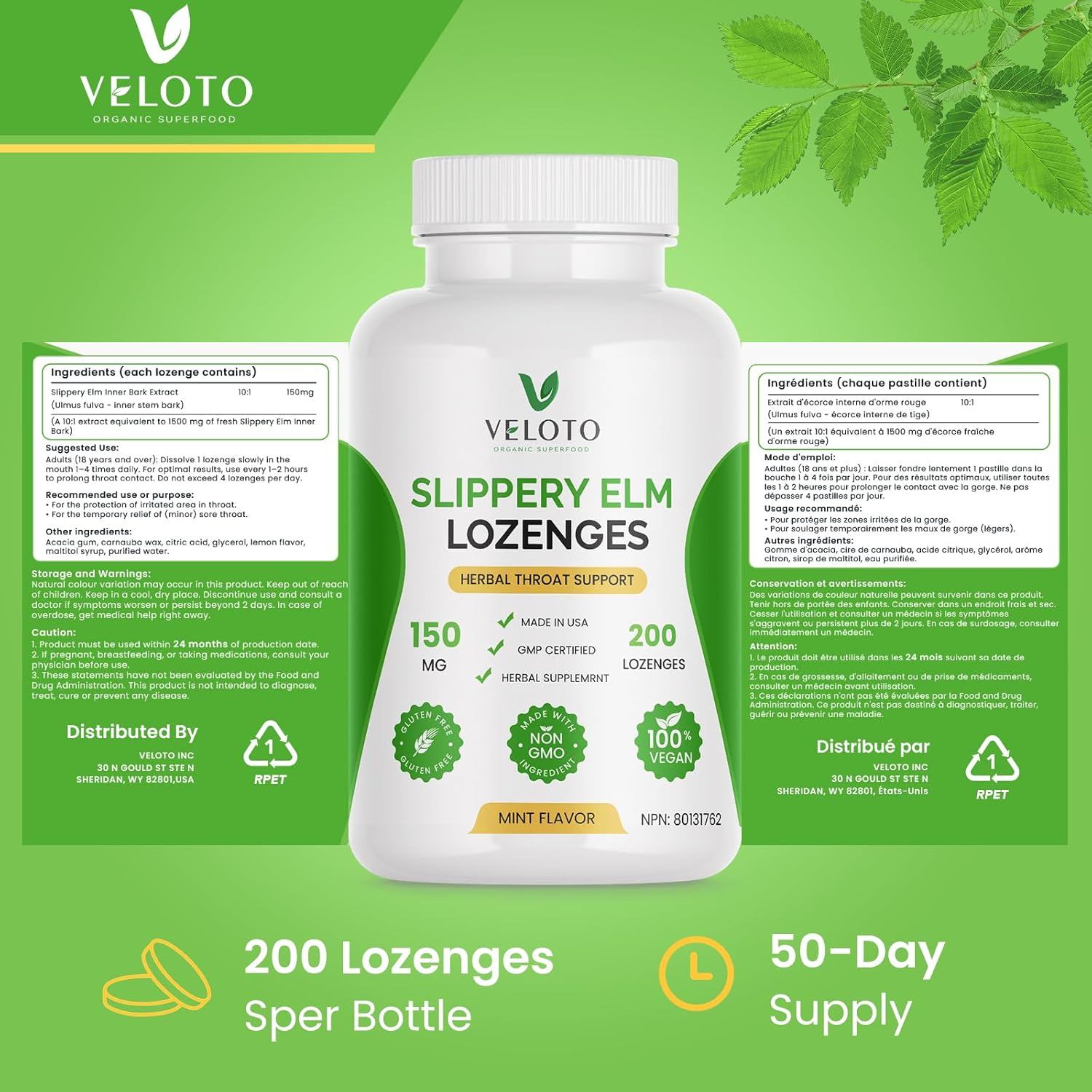 VELOTO Slippery Elm Lozenges, Slippery Elm Throat Soothing Lozenges for Adults, 10:1 Inner Bark Extract Cough Lozenge, Herbal Throat Support, Mint Flavored, Non-Gmo, Vegan, 200 Count image number 4