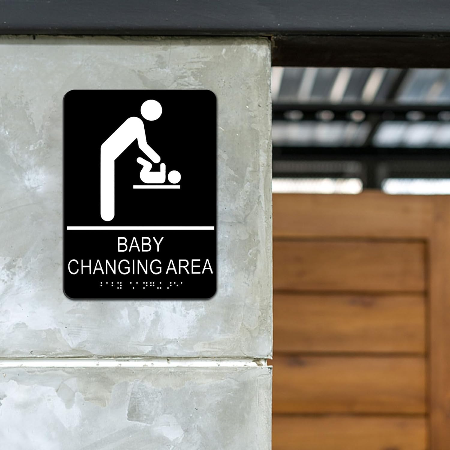 Baby Changing Area Sign for Business, ADA Compliant Braille Restroom Sign, 8.27 X 5.9 Inch Diaper Changing Station Sign with Adhesive Back, Black Acrylic Baby Changing Station Sign image number 1