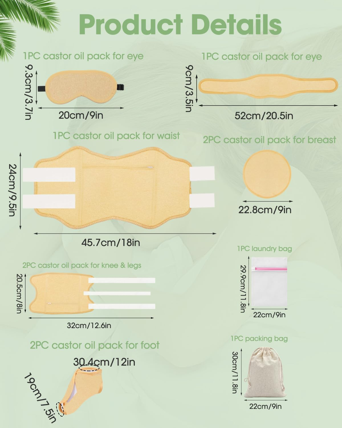 11 PCS Organic Castor Oil Pack Wrap Flannel Cotton, Castor Oil Wraps for Entire Body, Castor Oil Pads Set for Eyes Breast Waist Knees Legs Feet, Adjustable Straps, Reusable,Machine Washable (Khaki) image number 2