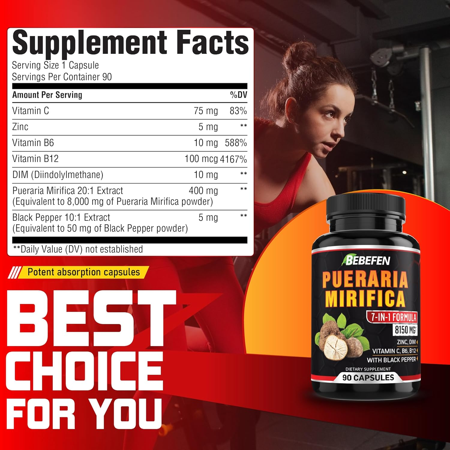 Pueraria Mirifica Capsules with Vitamin C, Zinc, Vitamin B, Vitamin B12, DIM & Black Pepper - 90 Capsules for 3 Month Supply