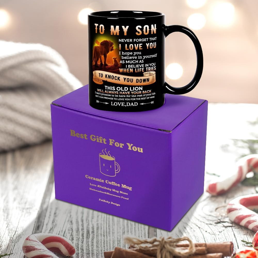 Fatbaby Birthday Coffee Mug Gifts for Son from Dad,Dad to My Son Gifts for Christmas Thanksgiving Farewell,Male Lion Black Tea Cup 11OZ image number 3