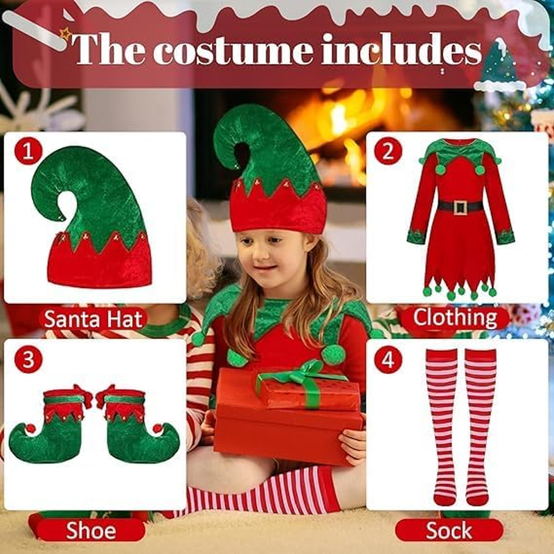Kids Elf Costume, Girls Boys Christmas Elf Costume with Hat Socks Shoes Cover Velvet Cosplay Santa'S Helper Costume Xmas Outfit image number 2