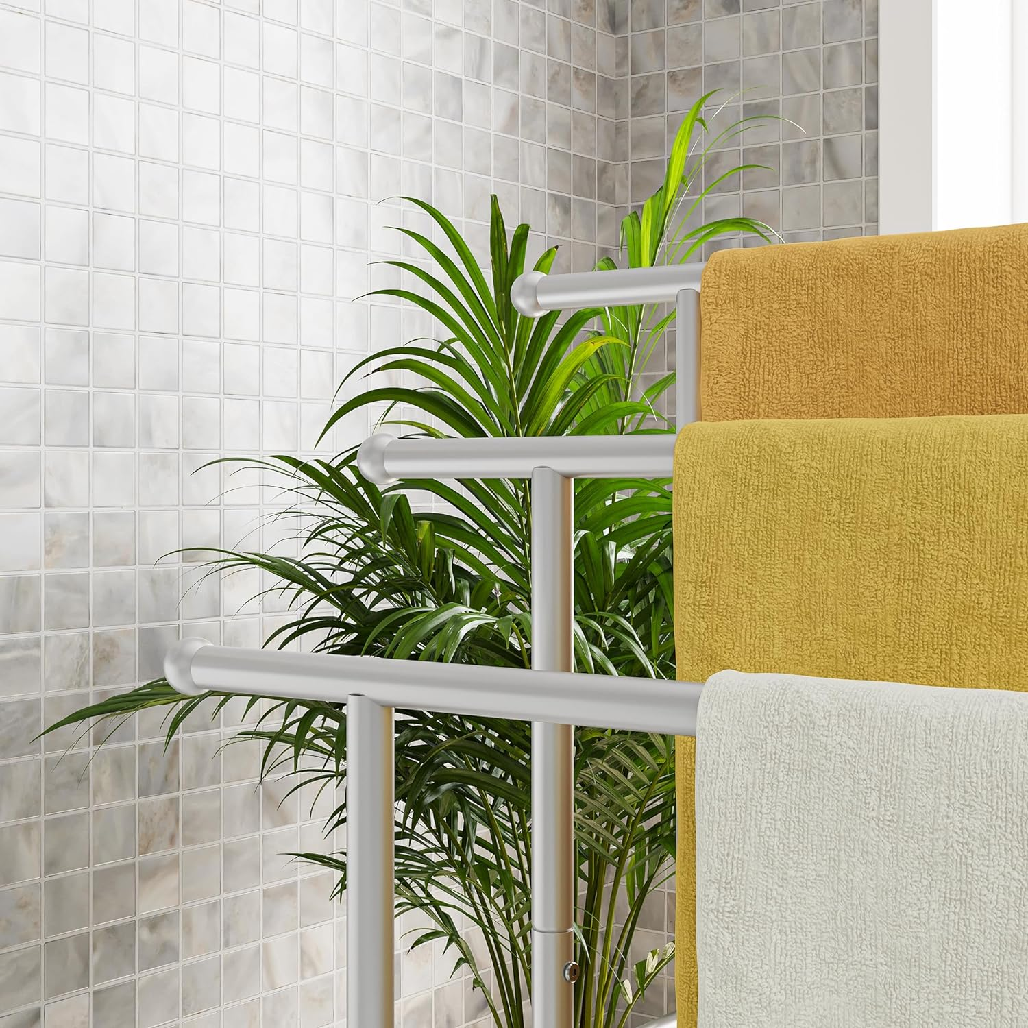 Tall Free Standing Towel Racks for Bathroom Towel Rack Stand with Storage Basket,3 Tiers Floor Bath Towel Holder,Anti-Rust Chrome Ladder Towel Bar,Silver image number 1