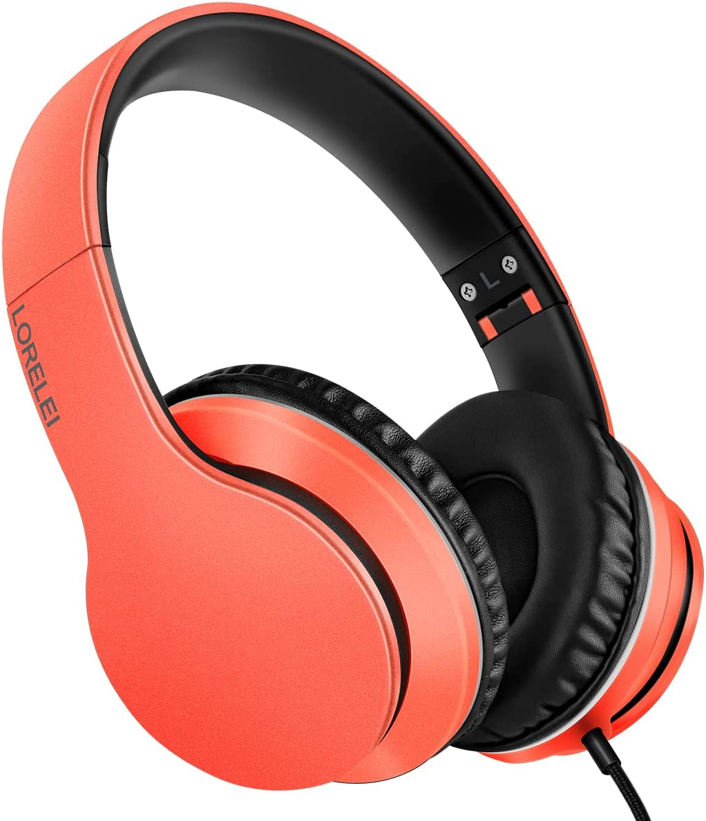 LORELEI X6 Over-Ear Headphones with Microphone, Lightweight Foldable & Portable Stereo Bass Headphones with 1.45M No-Tangle,Wired Headphones for Smartphone Tablet MP3 / 4 (Vitality Orange) image number 6