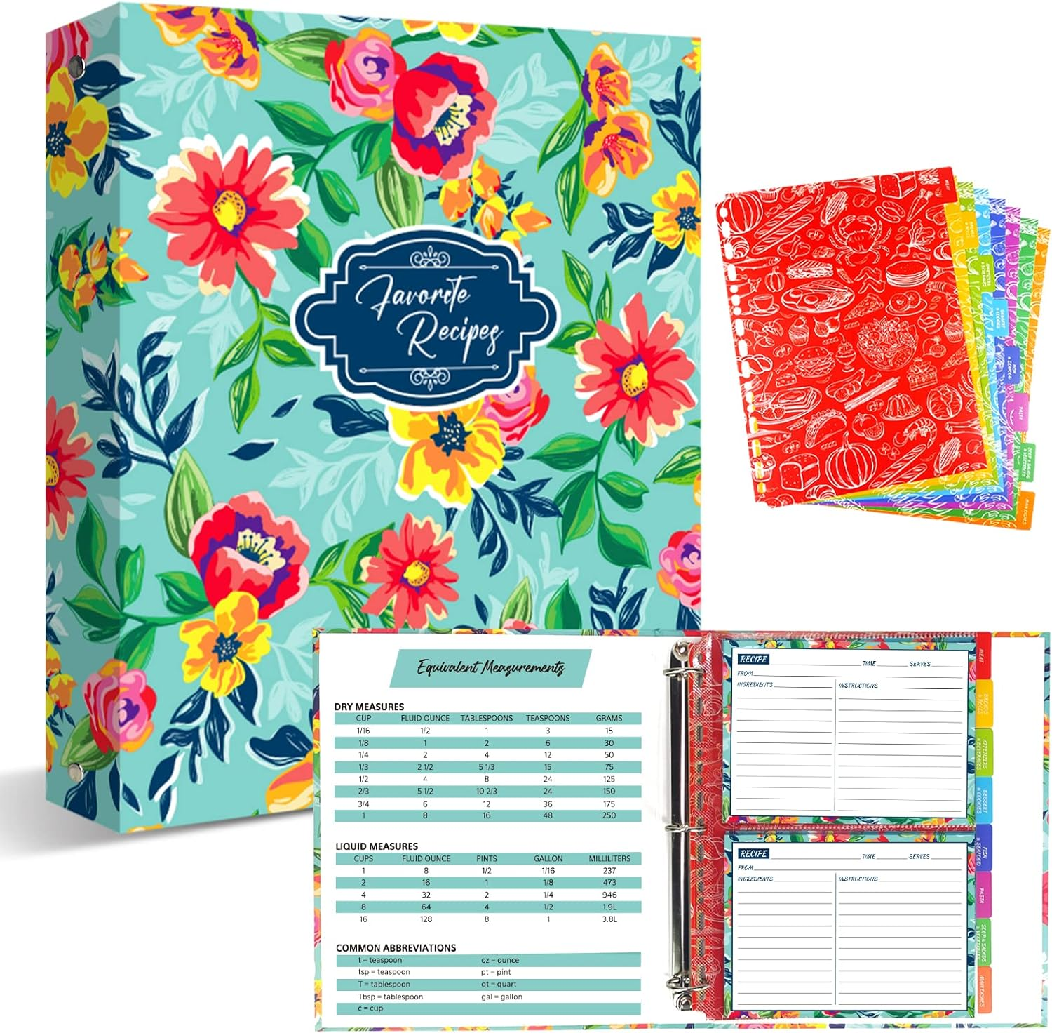 Recipe Binder, 8.5 X 11 Inch 3 Ring Recipe Binder Kit with 50 Plastic Sleeves Protectors, 100 Packs 5X7 Inch Recipe Cards & 8 Category Divider Tabs, Organizer Set Watercolor Floral in Blue Design (XL)