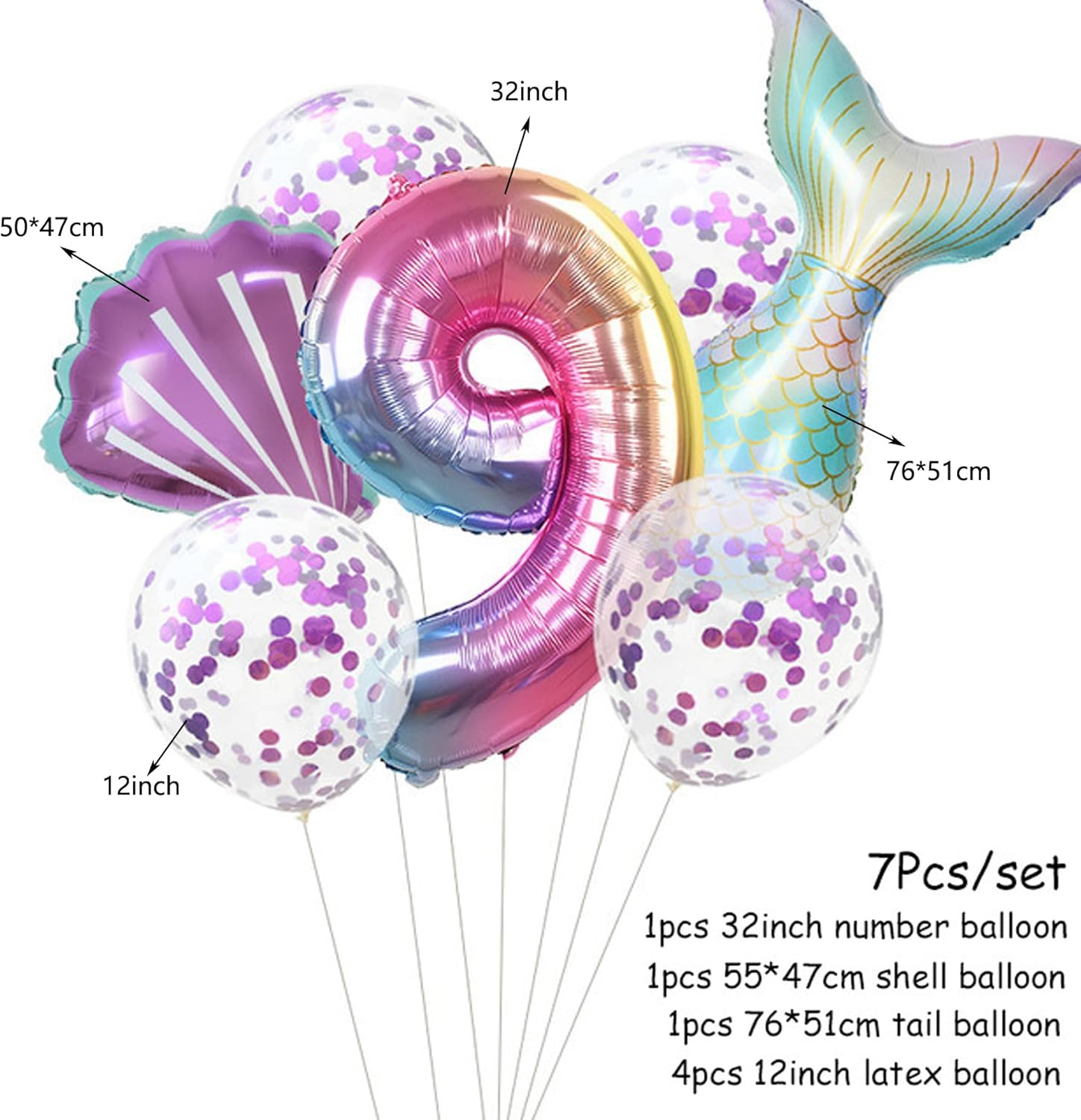 Haobase 7Pcs Mermaid Foil Balloons Set, Mermaid Sea Theme Birthday Party Decoration 32 Inch Number Foil Balloon Mermaid Tail Balloon Shell Balloon (9Th) image number 3