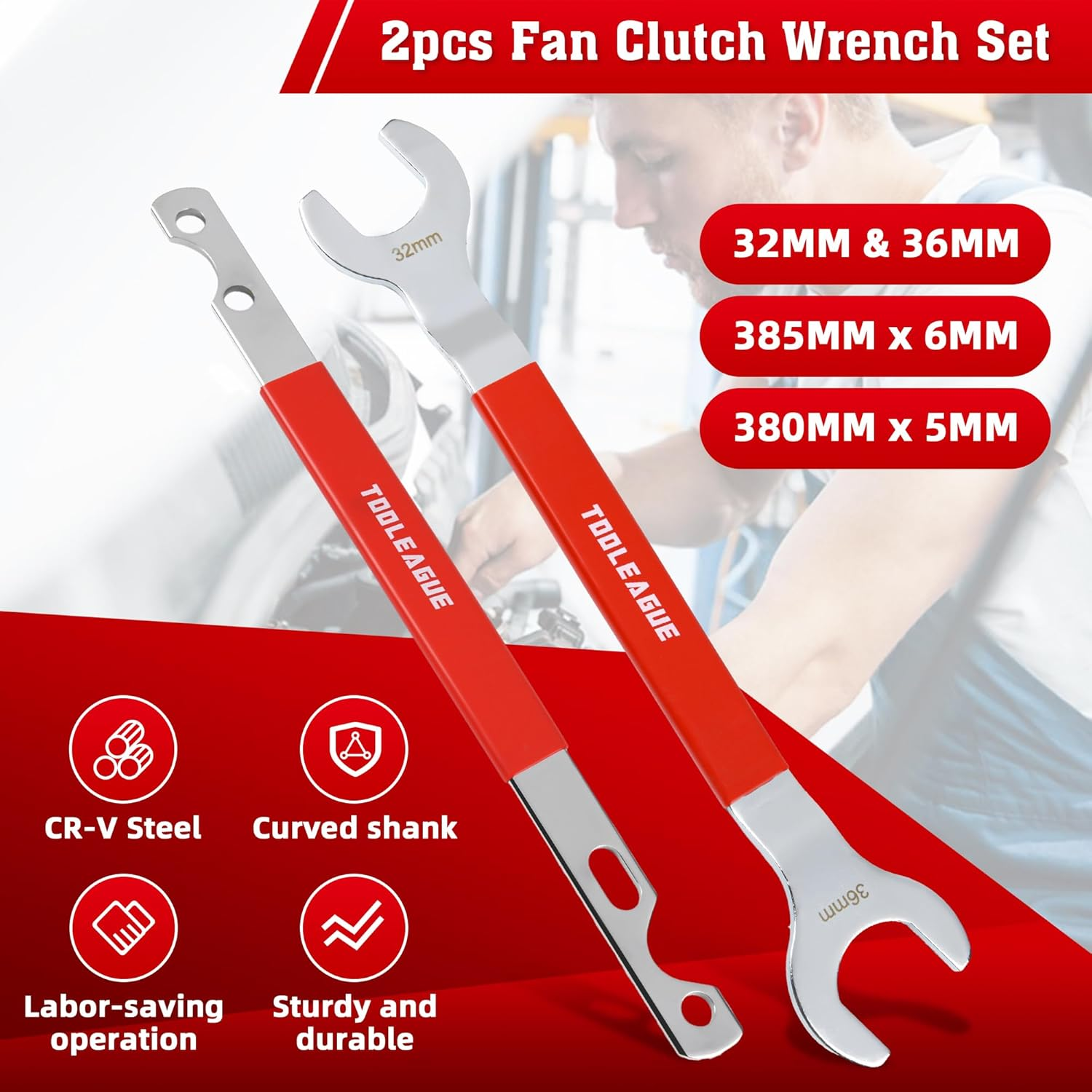TOOLEAGUE 2Pcs Fan Clutch Wrench Set,32Mm & 36Mm Wrenches,Fan Clutch Removal Tool Kit,Compatible with Bmw,Ford,Gm,Chevrolet Water Pump Pulley Holder and Nut Water Hub Removal image number 5