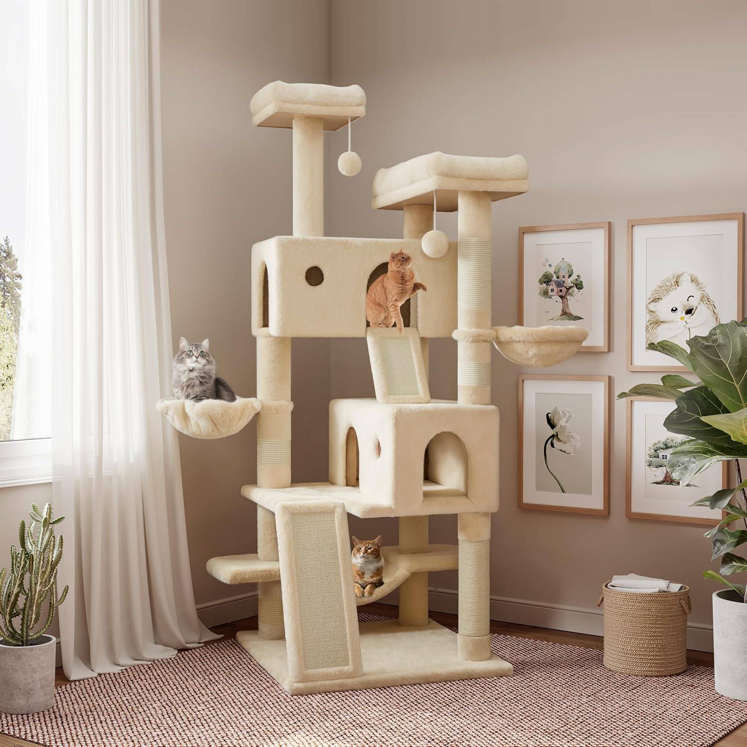 SHA CERLIN 65In Larger Cat Tree Tower Condo for Indoor Cats, Multi-Level Furniture Activity Center with Wide Base/Cozy Plush Cat Perches/Baskets/Sisal Scratching Posts and Hammock/Beige