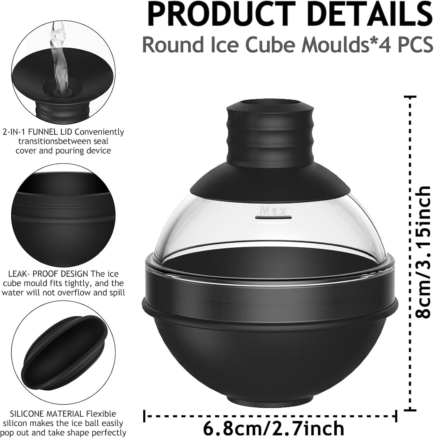 CCILIYC Silicone Ice Cube Moulds, 4 Pack Large Ice Ball Maker Mould with BPA Free Plastic Lid, Flexible round Ice Cube Moulds Easy to Pop Out, Sphere Ice Trays for Freezer Whiskey, Gin, Cocktails image number 1