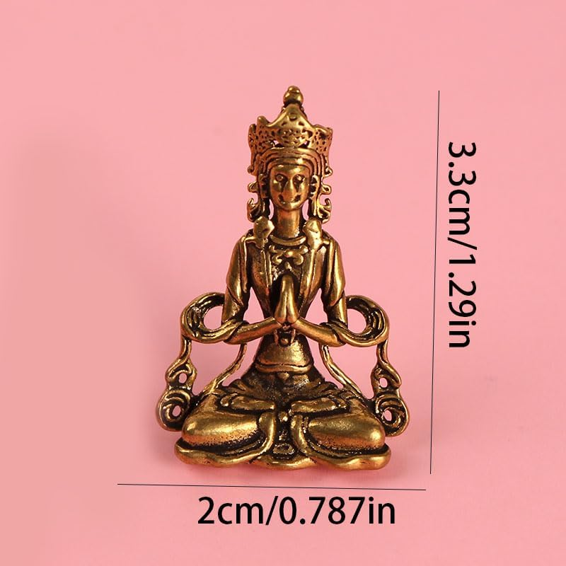 NOIAFZY 4PCS Vintage Solid Brass Miniature Buddha Figurine, Handcrafted Guanyin Avalokiteshvara Keychain Pendant, Antique Collectible Car Keyring, Turmeric Color Metal Accessory