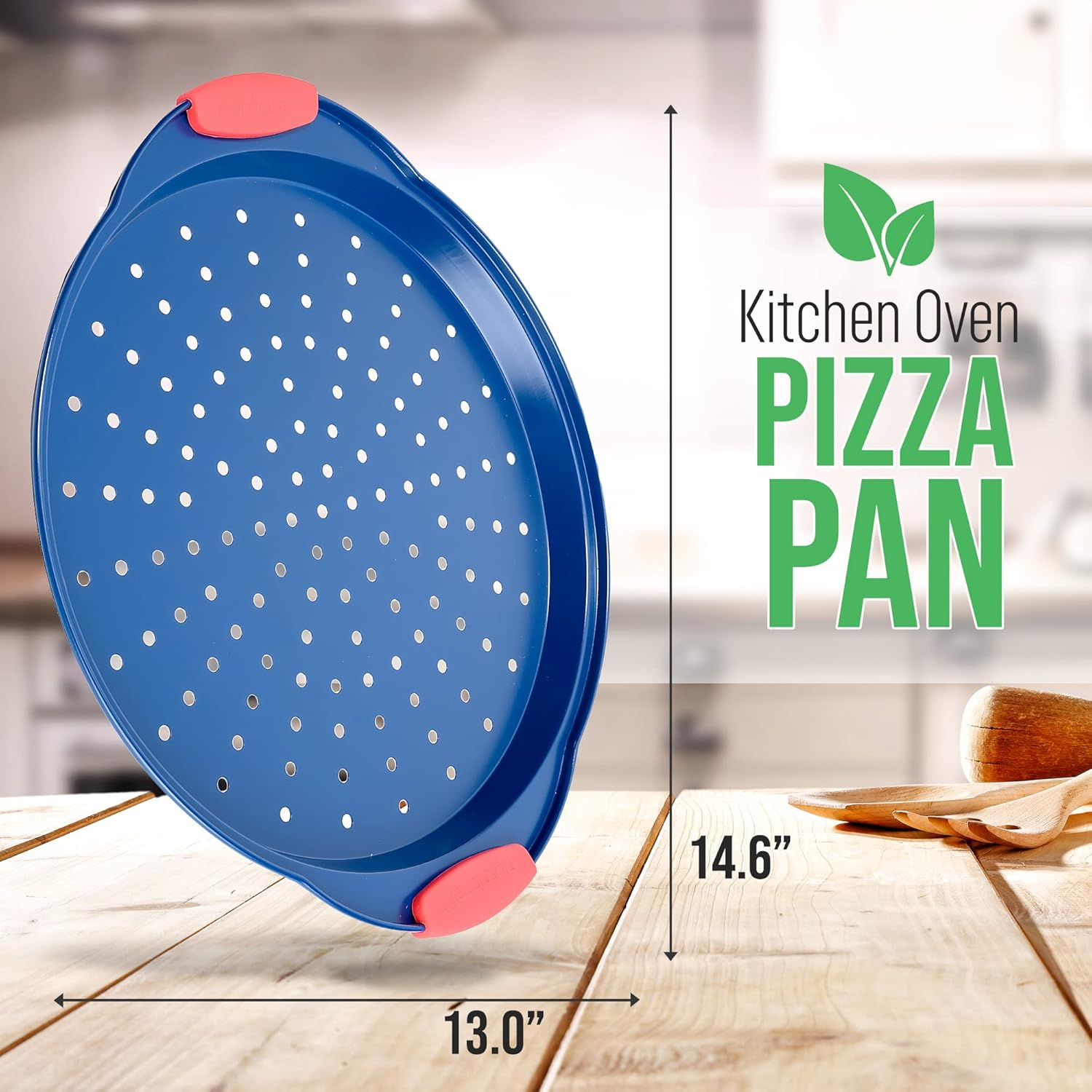 Nutrichef 13-Inch Nonstick Pizza Tray - round Carbon Steel Non-Stick Pizza Baking Pan with Perforated Holes, Premium Bakeware Pizza Screen with Silicone Grip Handles, Dishwasher Safe - Blue image number 2