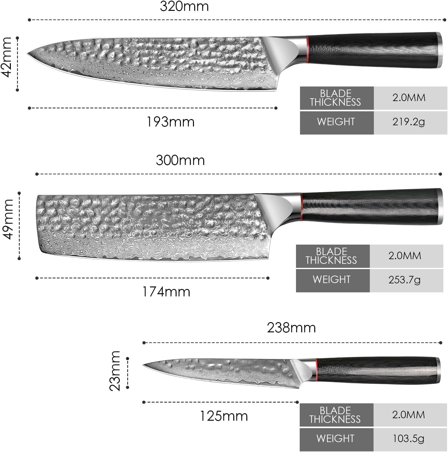 Knife Set 3-Piece Damascus Steel Chef Knife Set &ndash; 8 Inch Razor Sharp Kitchen Knives, 7 Inch Nakiri Knife, 5 Inch Slicing Knife with Ergonomic G10 Handle Cooking Knife Set, Gift Box