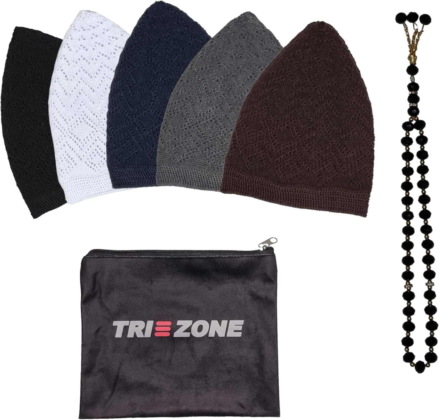 TRI ZONE Kufi Hats for Men, Muslim Prayer Cap, Breathable Taqiyah, Knitting Namaz Topi, Skull Kufe Hat, Islamic Ramadan Eid Gift, Set of 5 Caps with Tasbih