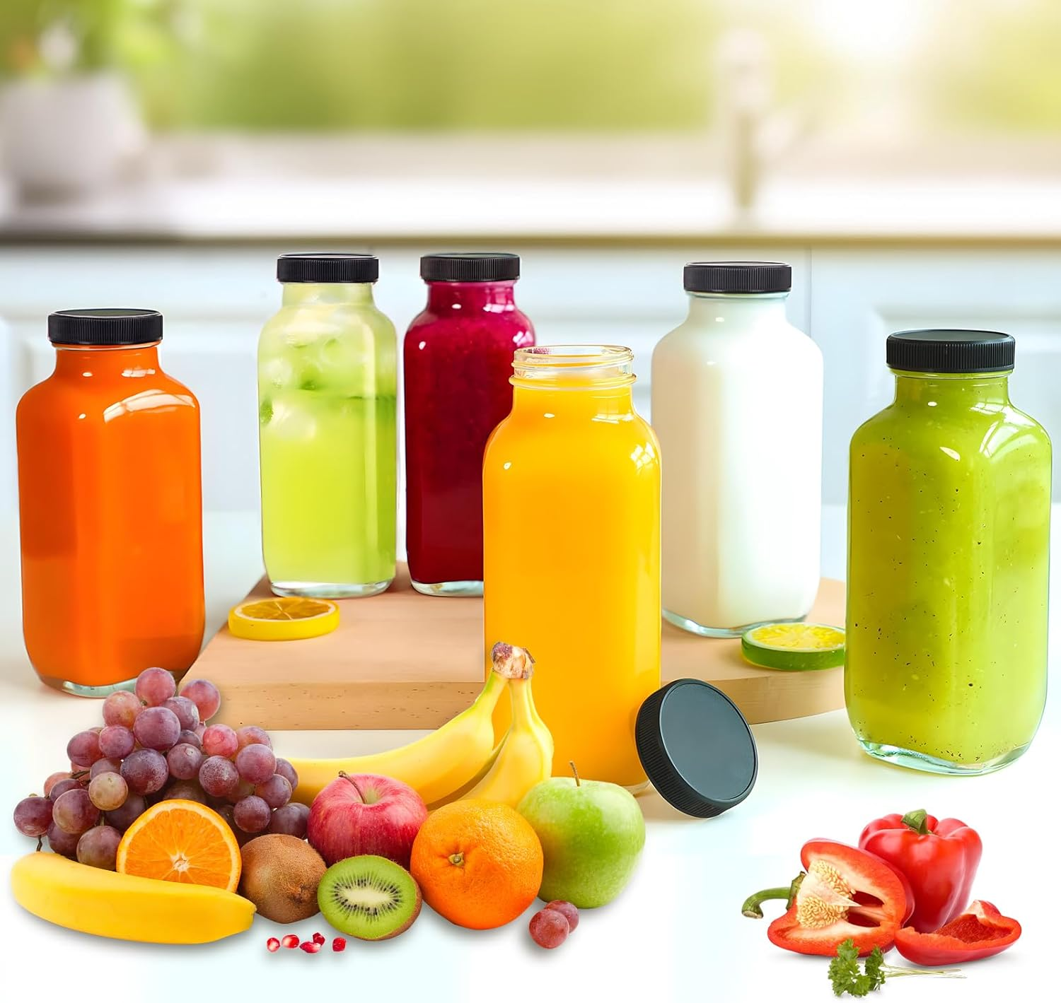 Fayrvind 8 Pack Glass Juice Bottles, 350Ml Wide Mouth Smoothies Bottle, 12Oz Clear Drinking Jar for Water Milk Beverage Kombucha, Reusable Juice Container with 10 Lids and Brush